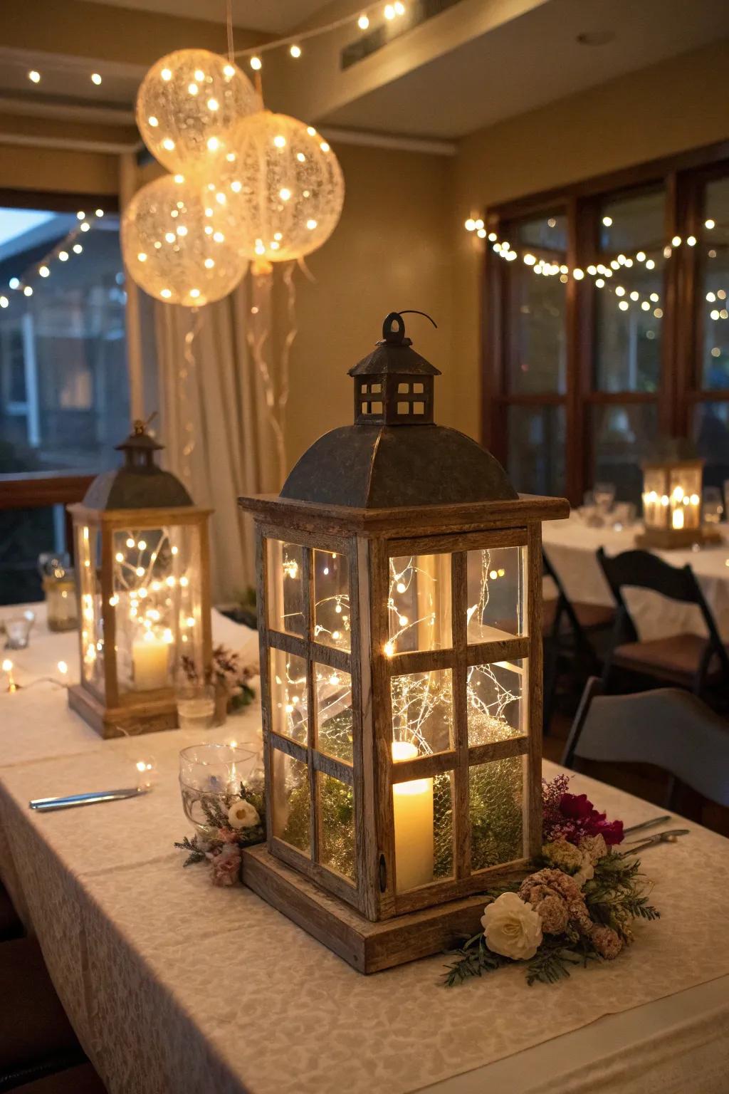 Countryside lanterns impart an enchanting glow to a birthday celebration.