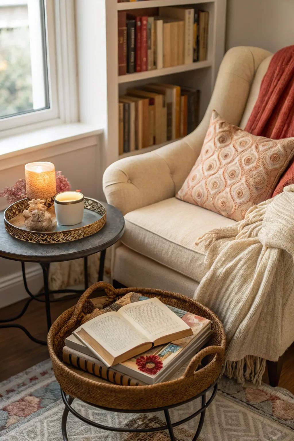 A snug nook with gentle, welcoming decor.