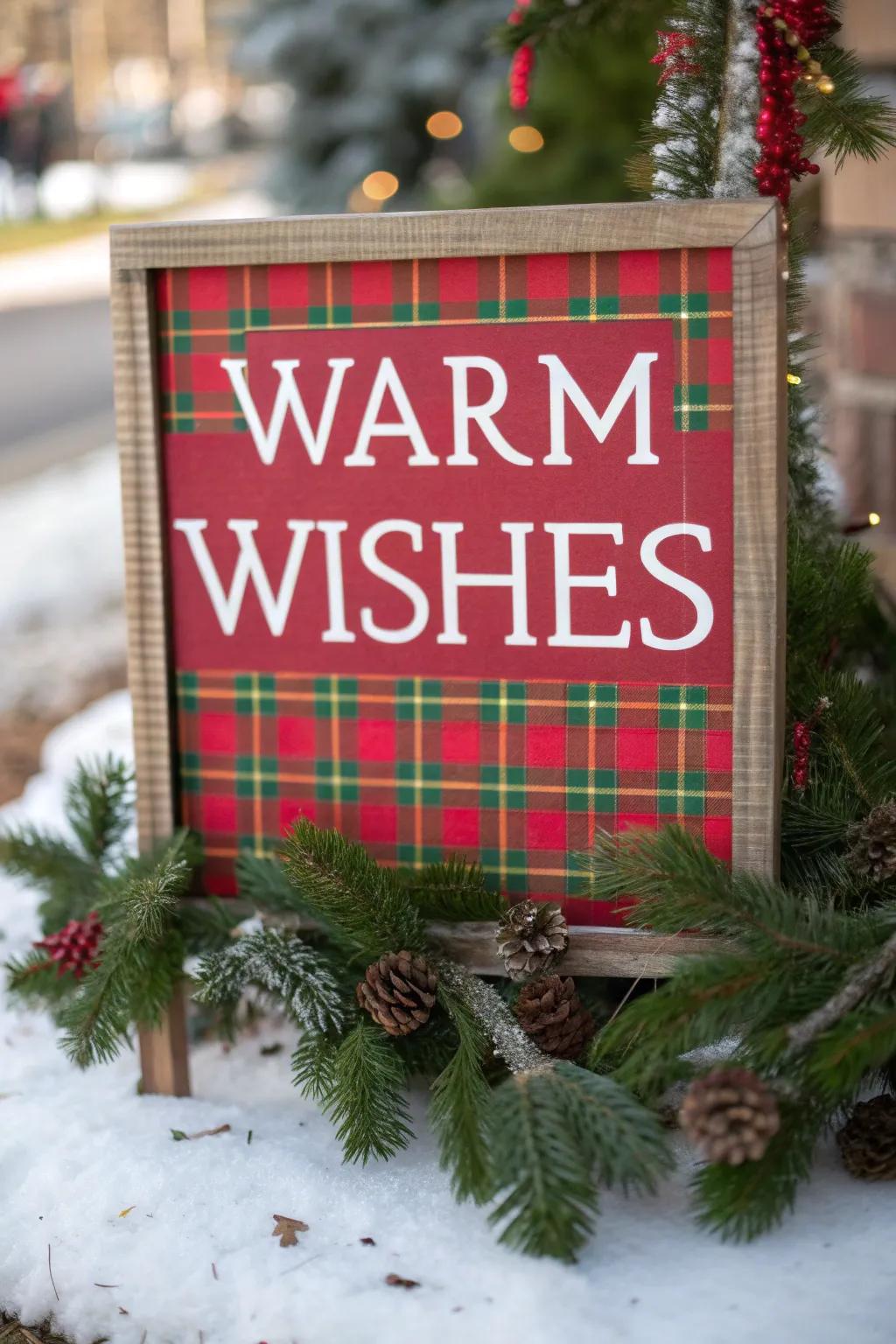 Create warmth with a Christmas sign featuring tartan patterns.