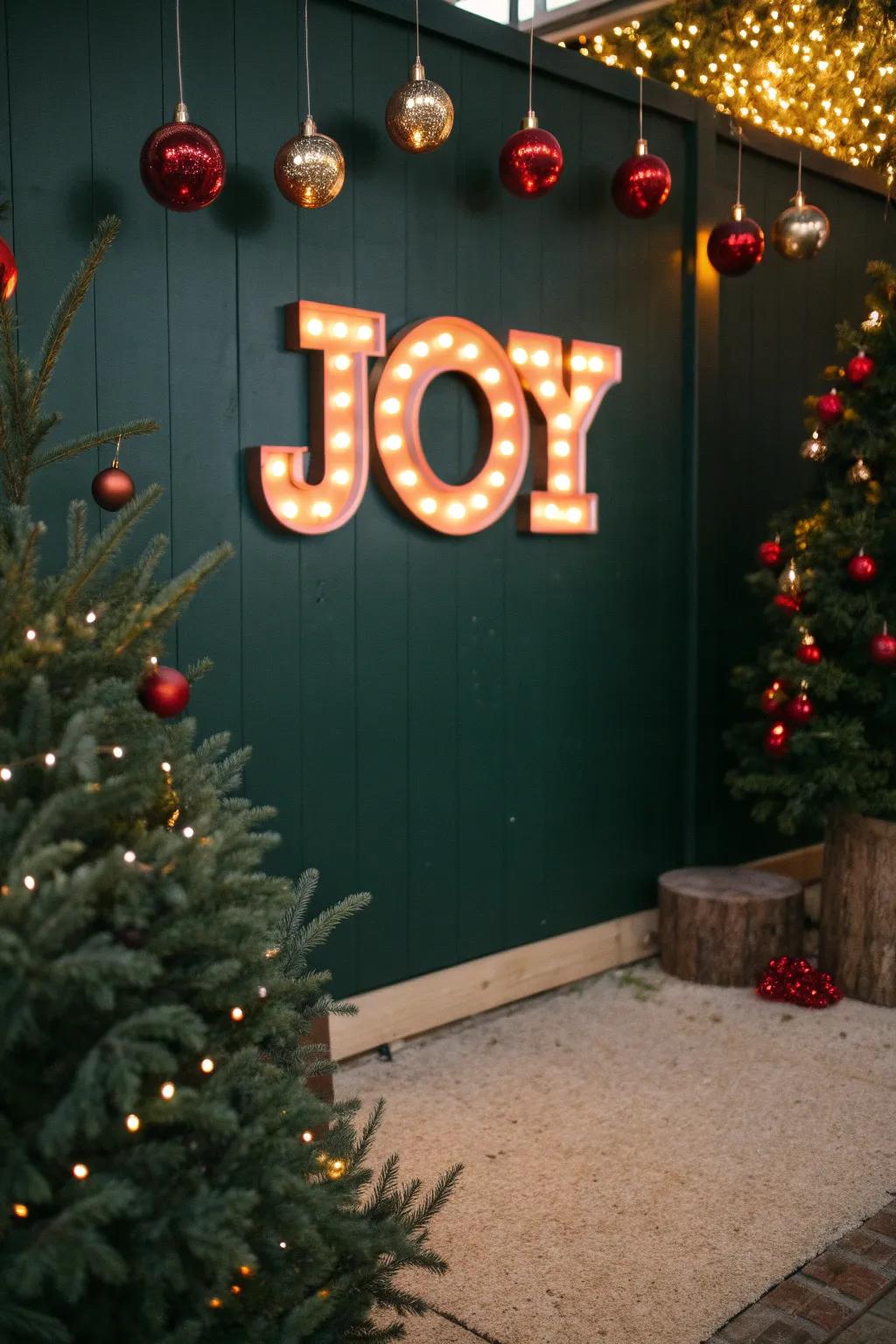 Illuminate your space with a radiant 'Joy' sign.