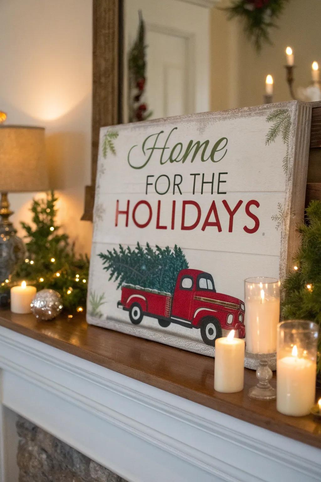 Evoke nostalgia with a Christmas sign featuring a classic hauler.