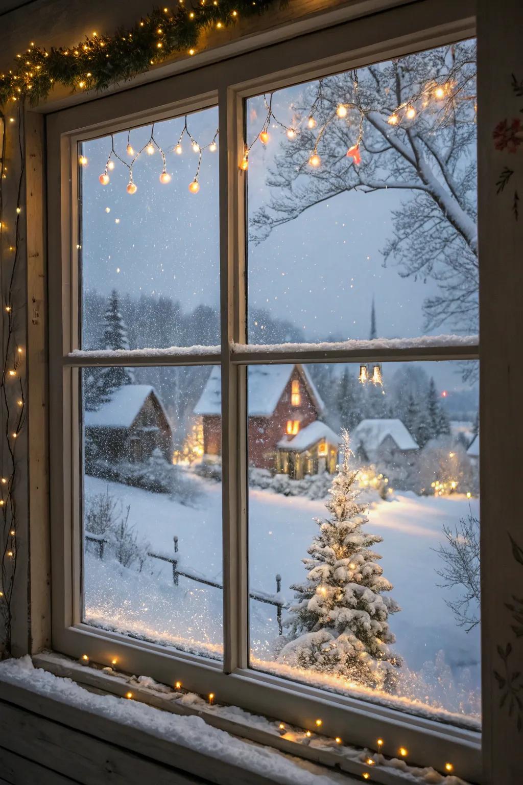 A charming village scene covered in snow brings comfort to your window.