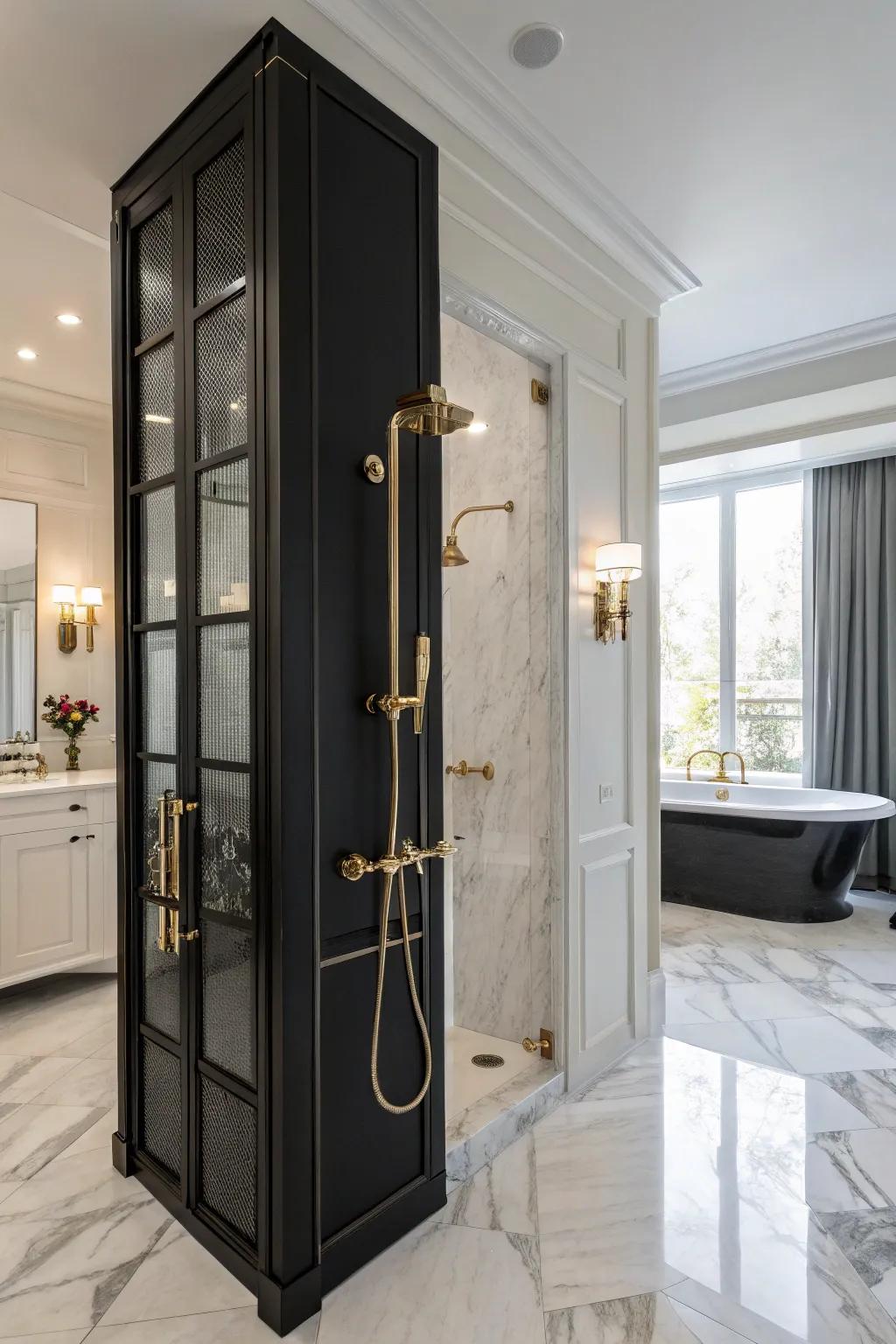 Gleaming details bring a sense of luxury to dark showers.