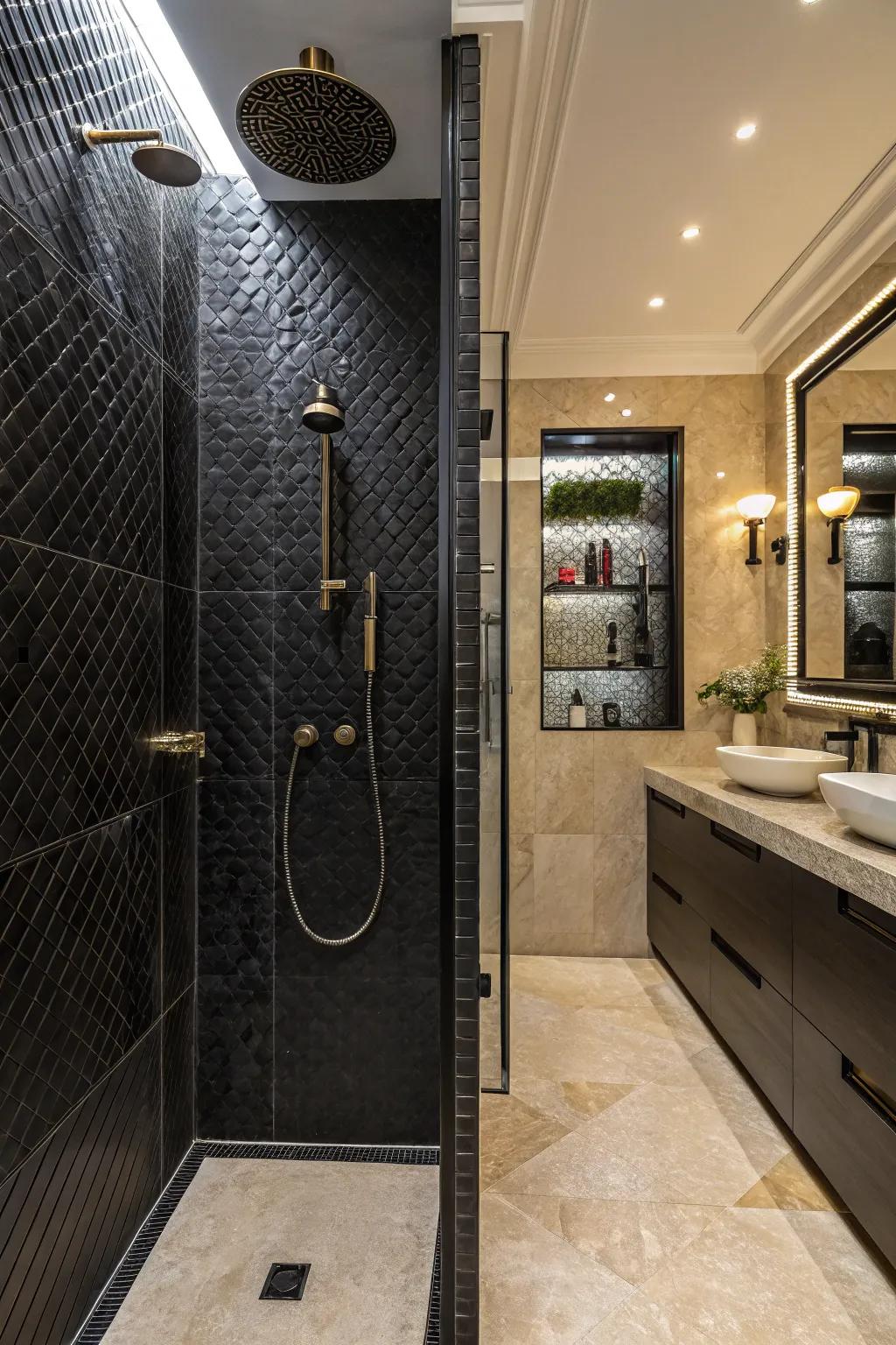 Textures add depth and interest to black showers.