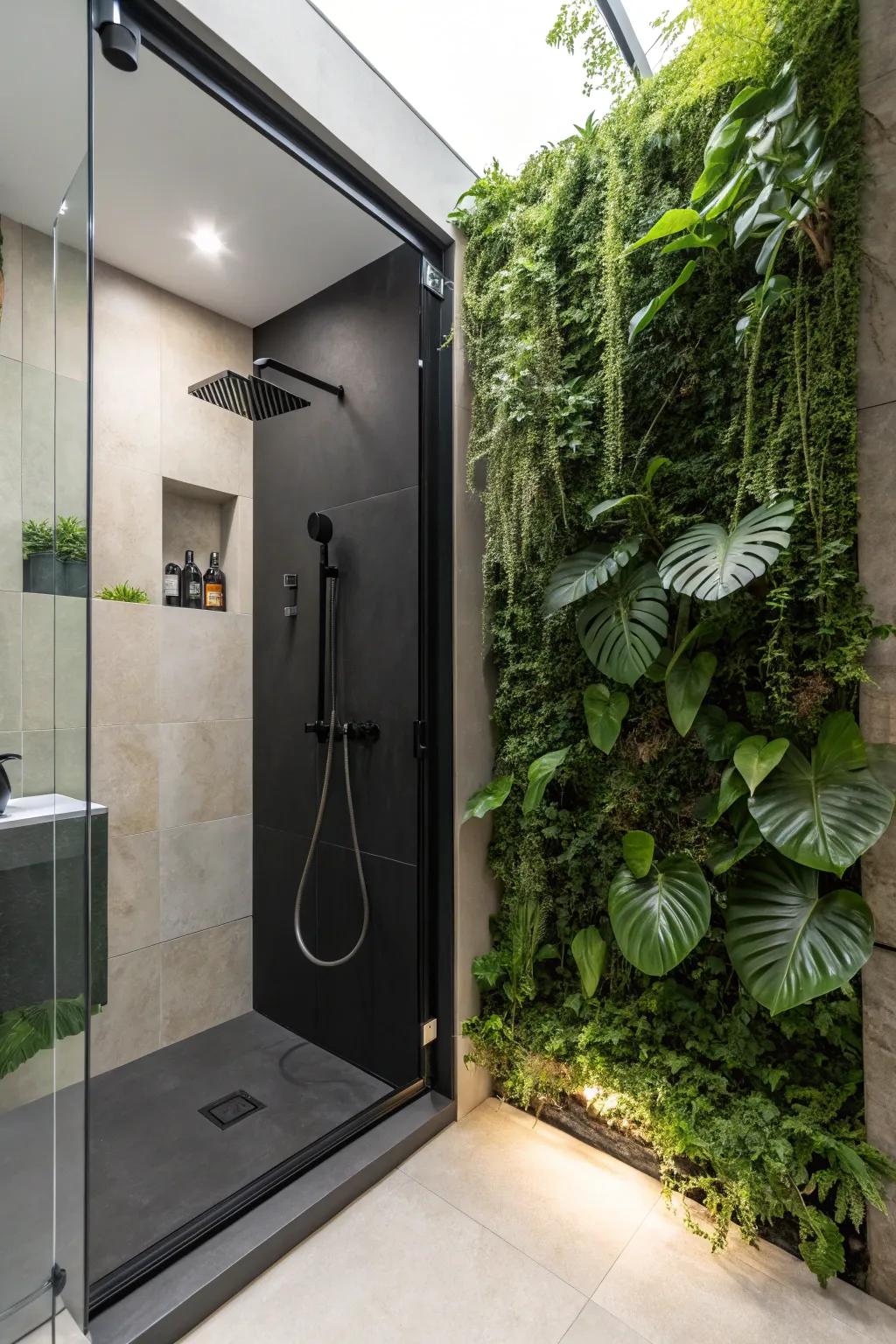Greenery brings a natural vibe to black showers.