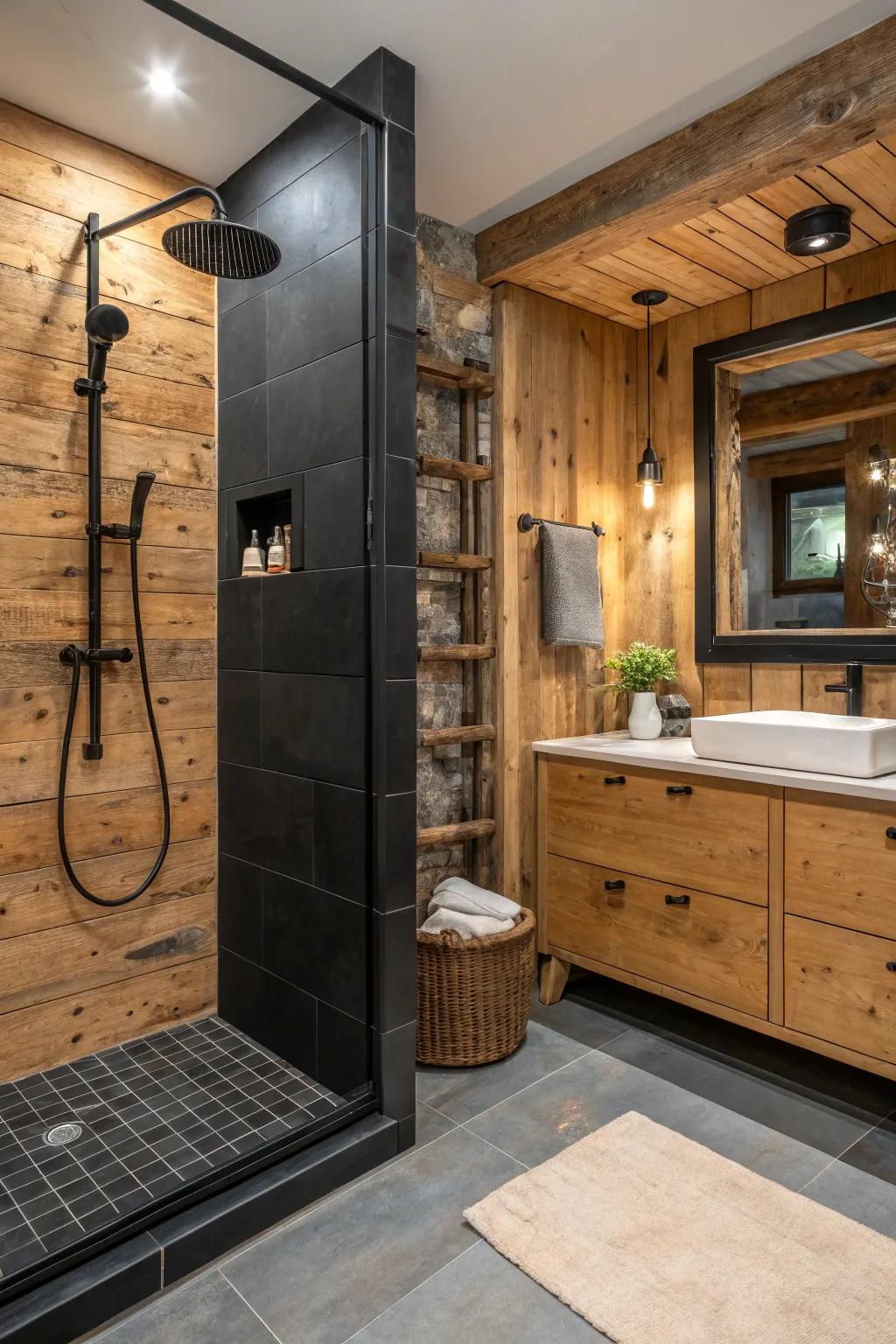 Rustic wood elements introduce warmth and contrast.