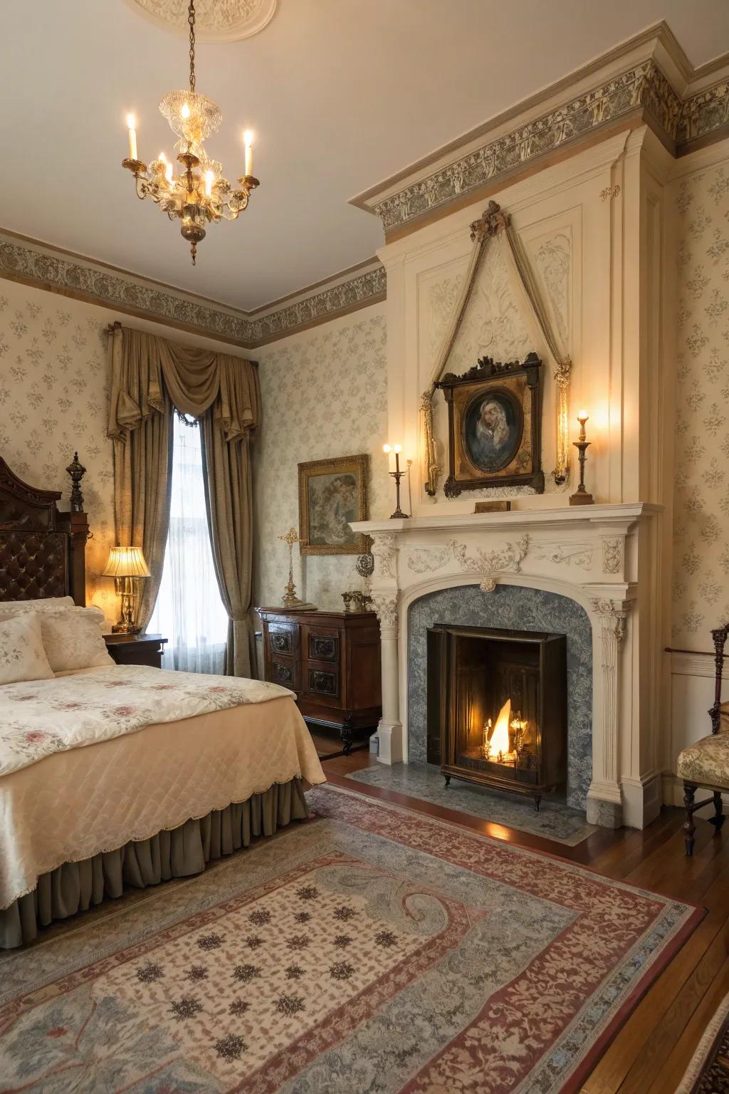 A faux fireplace fosters a cozy, authentic Victorian feel.