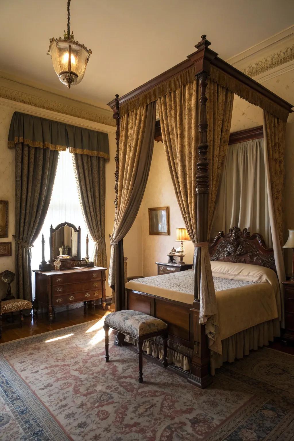 Heavy curtains bring drama and a touch of Victorian opulence to the room.