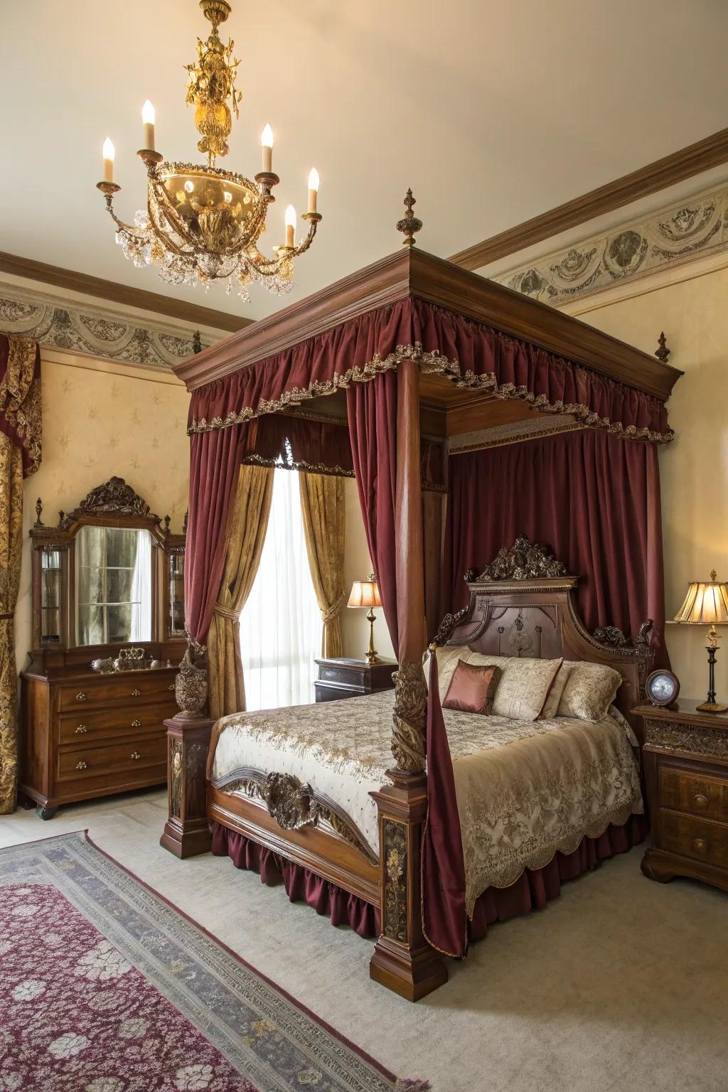 Silken and velvet fabrics establish a rich Victorian atmosphere.