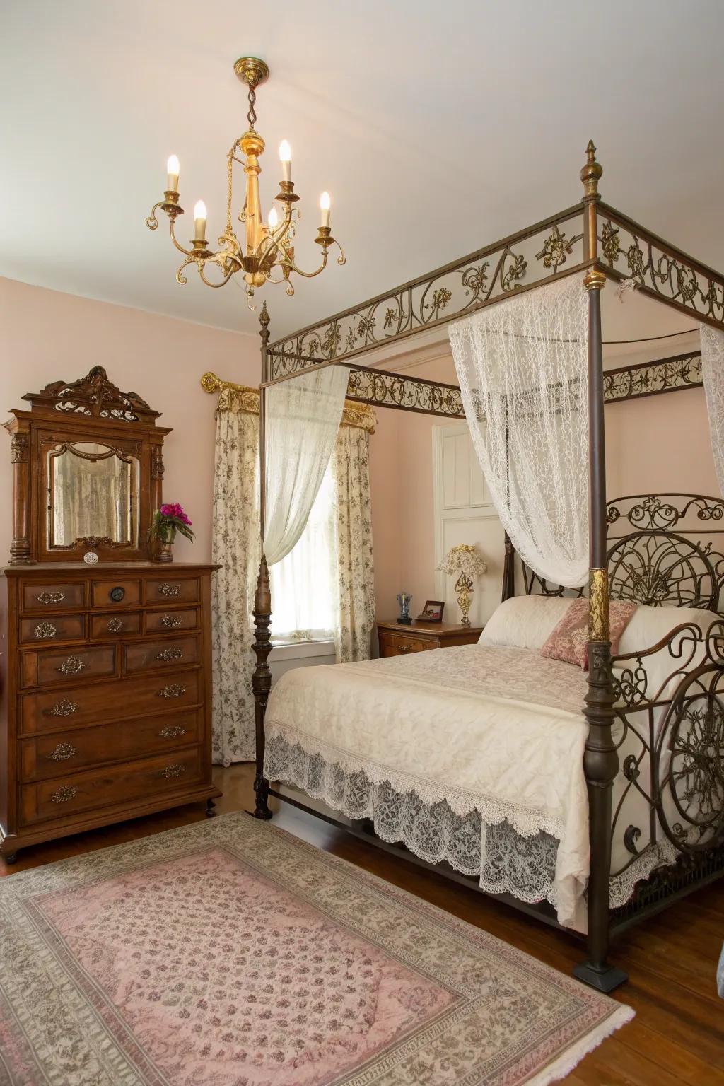 Wrought iron and brass bring historical sophistication to Victorian decor.