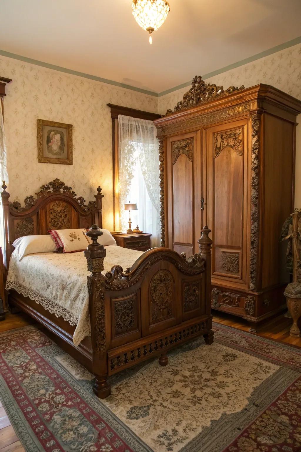 Original antique furniture enriches a Victorian bedroom's authenticity.