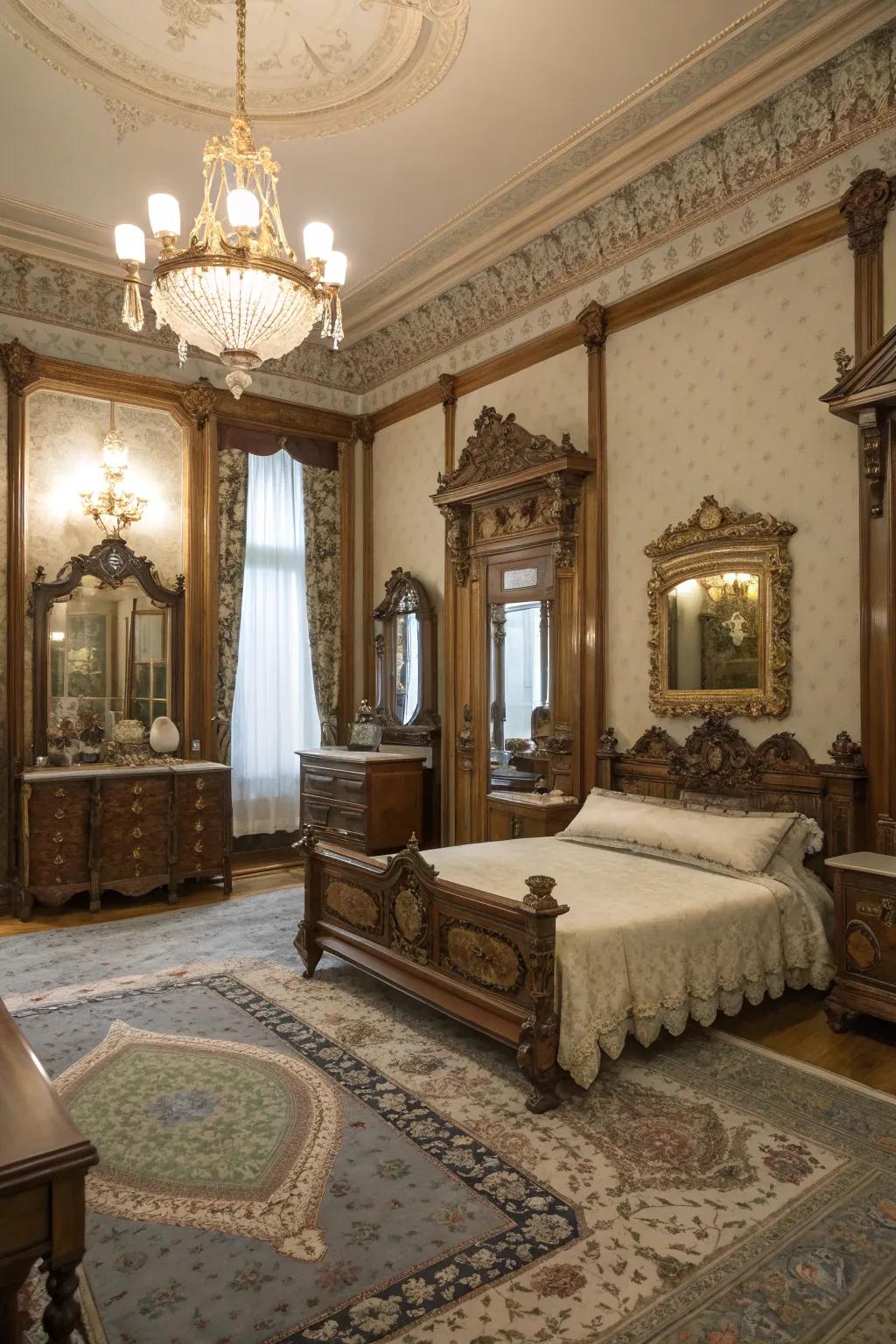 Fancy vintage mirrors elevate the space with glamour and light reflection.