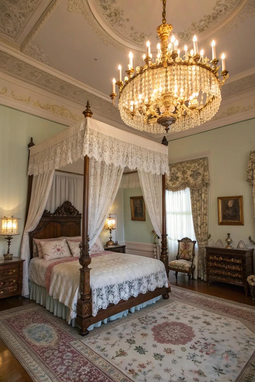 A stunning chandelier sits as the hallmark of Victorian splendor.