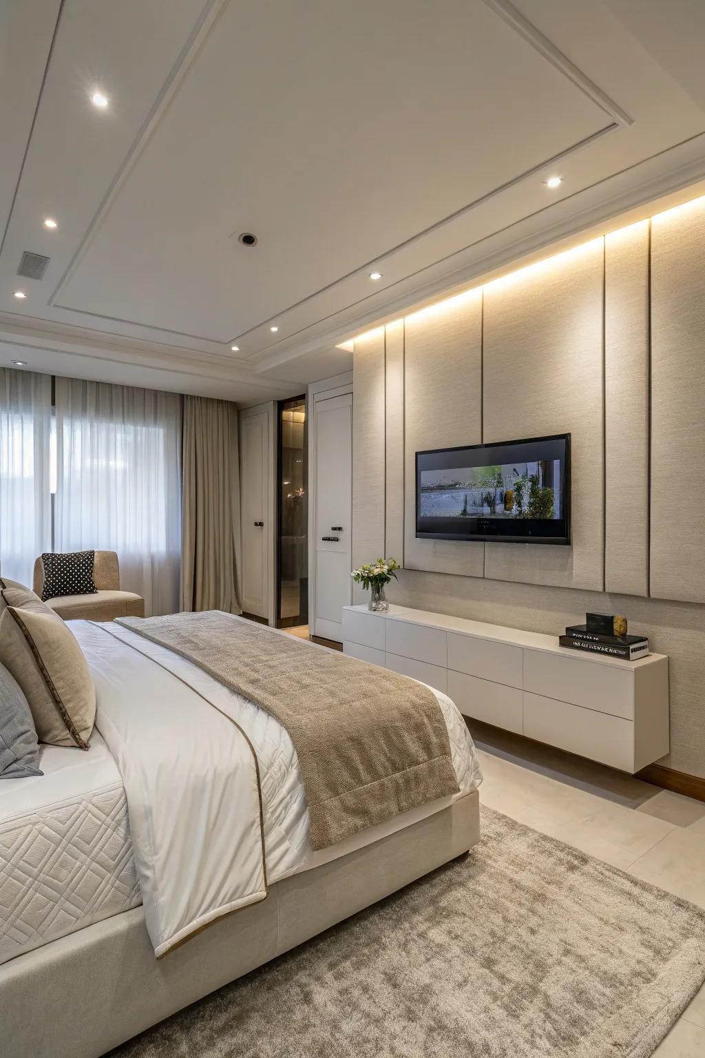 Technology maintains the room's aesthetic flow.