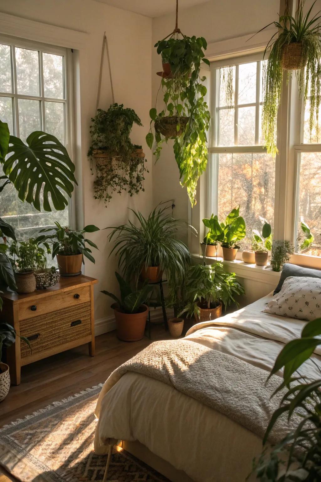 Indoor plants bring vitality and freshness to the sleeping quarter.