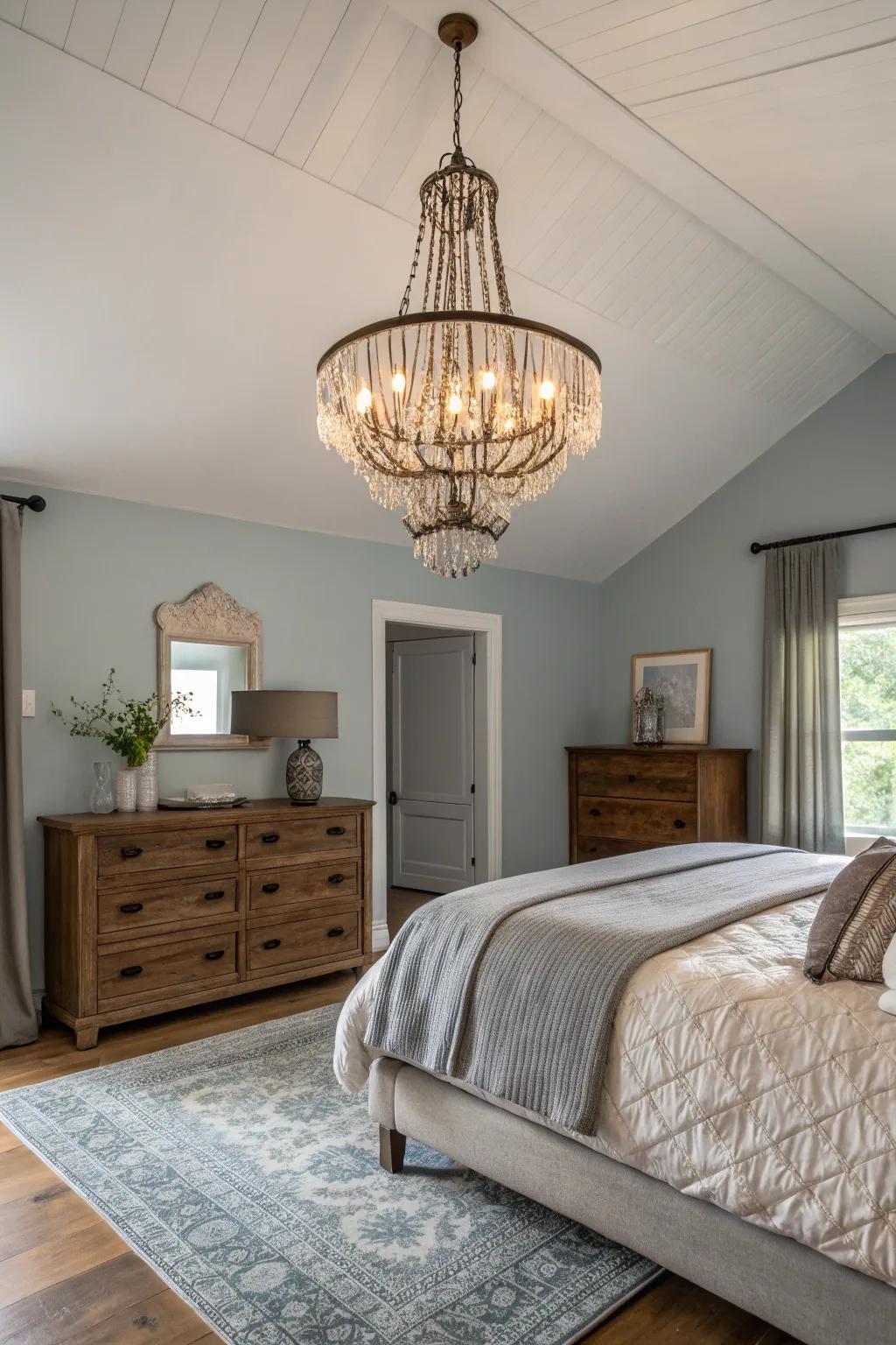 An extraordinary chandelier creates a daring statement in the sleeping space.