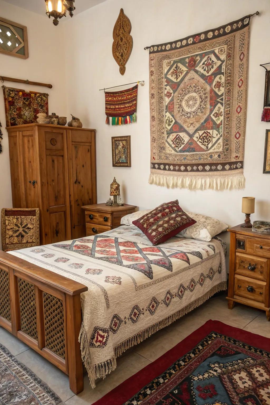 Cultural elements inject a personal touch to the sleeping space.