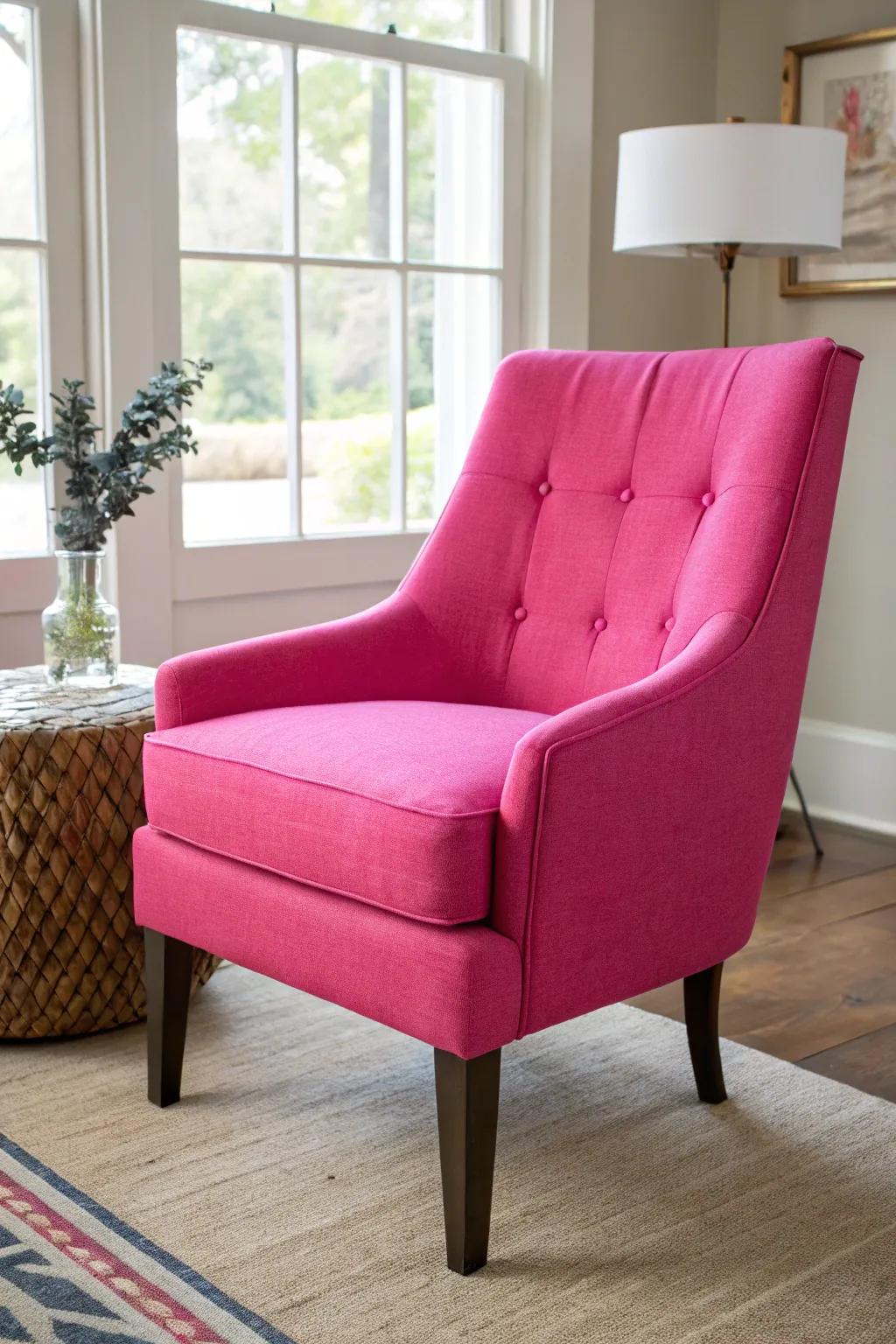 A bold pink chair serves as a striking accent in the room.