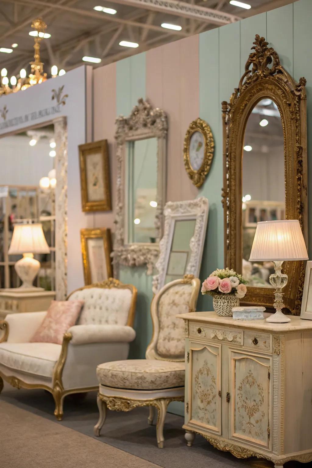 A room enhanced with timeless décor, including fancy mirrors and old-fashioned frames.