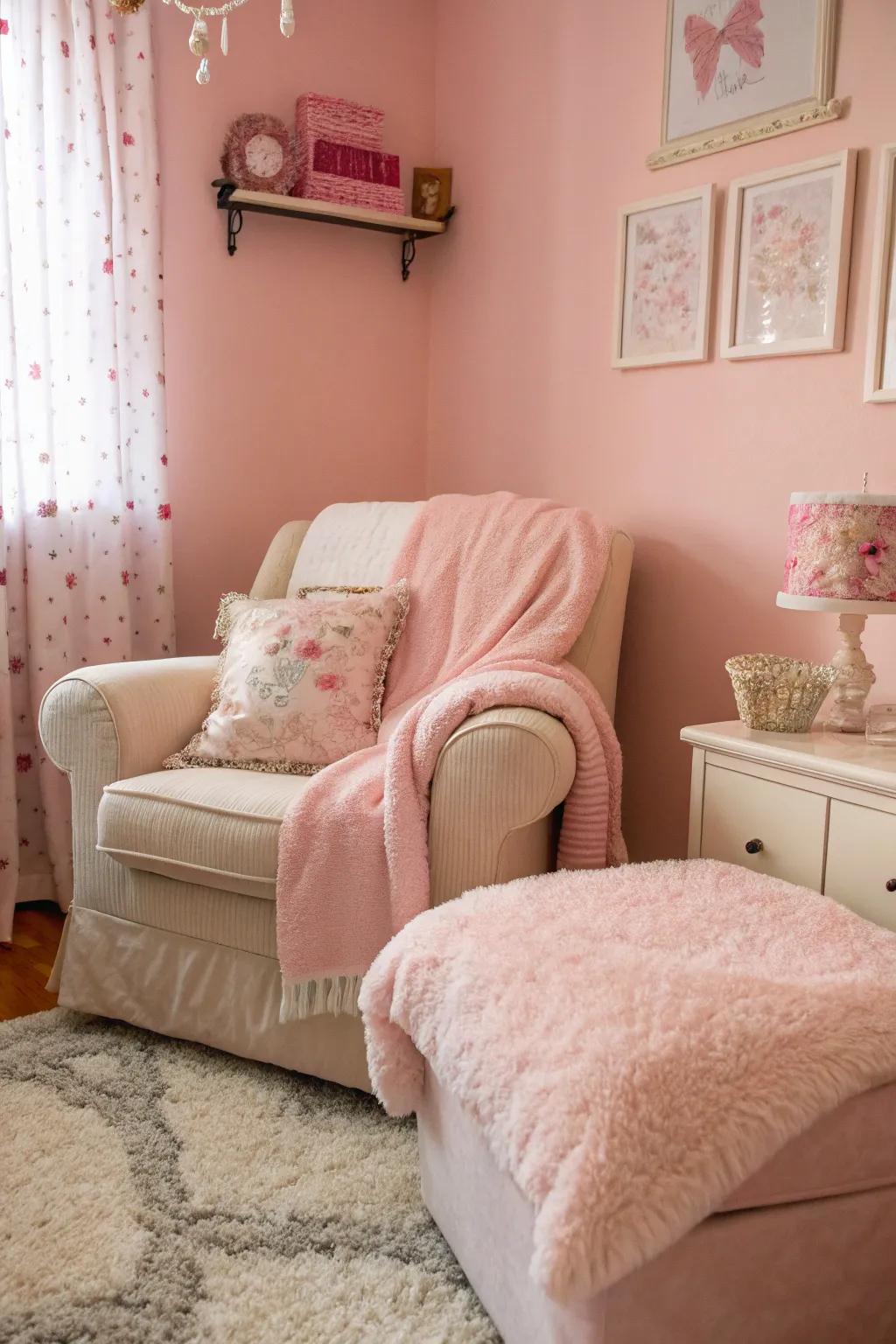 A light pink room showcasing sumptuous furniture, adding ease and elegance.