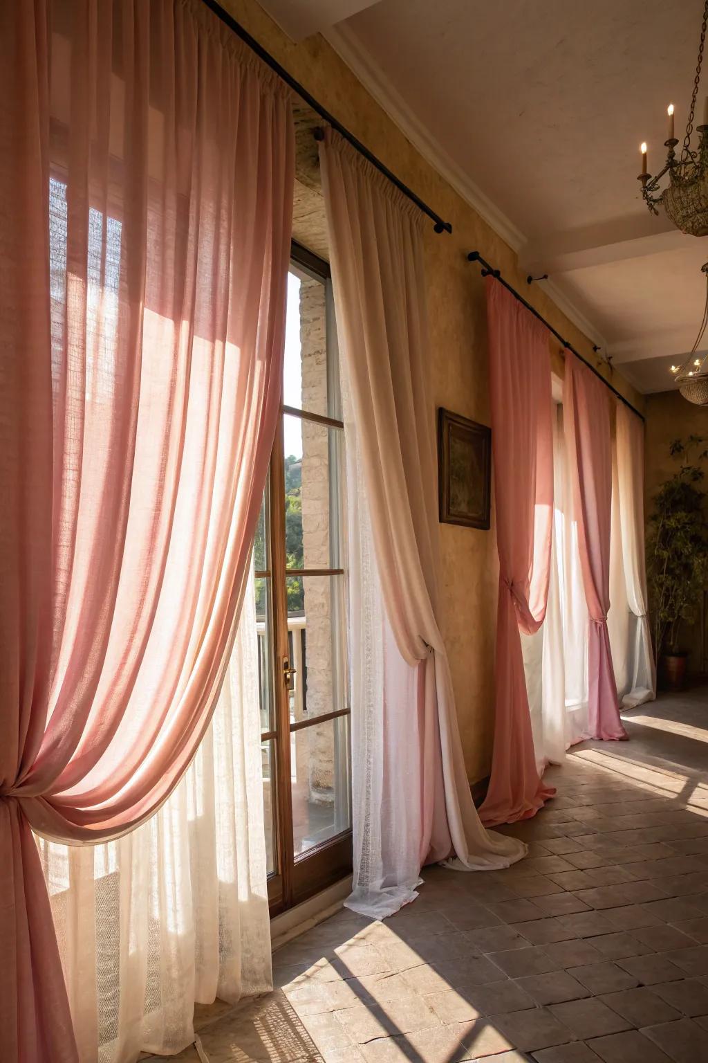 Layered curtains in soft pink add elegance and frame the windows.