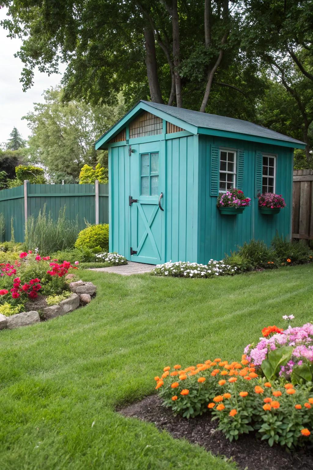 A garden shed revitalized with a bright turquoise coat of paint.