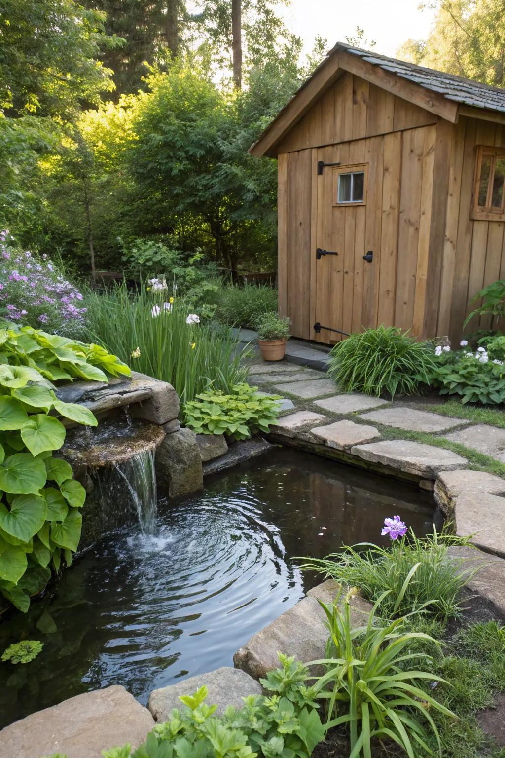 A tranquil water feature that enhances the garden's vibe.