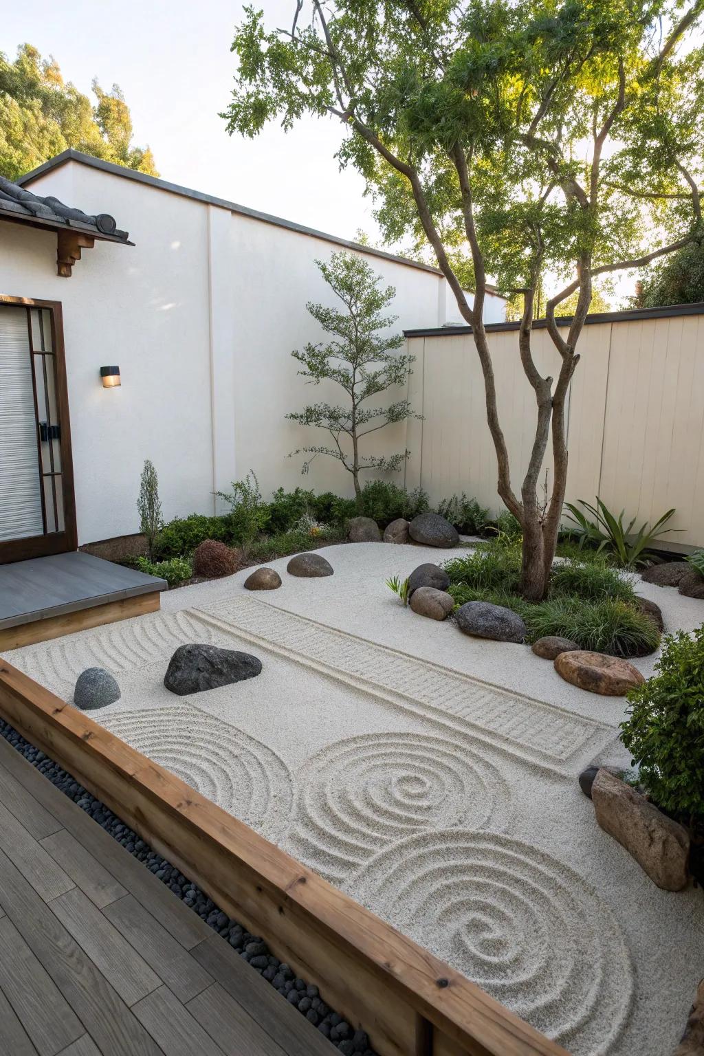 Zen sand patches convey tranquility.