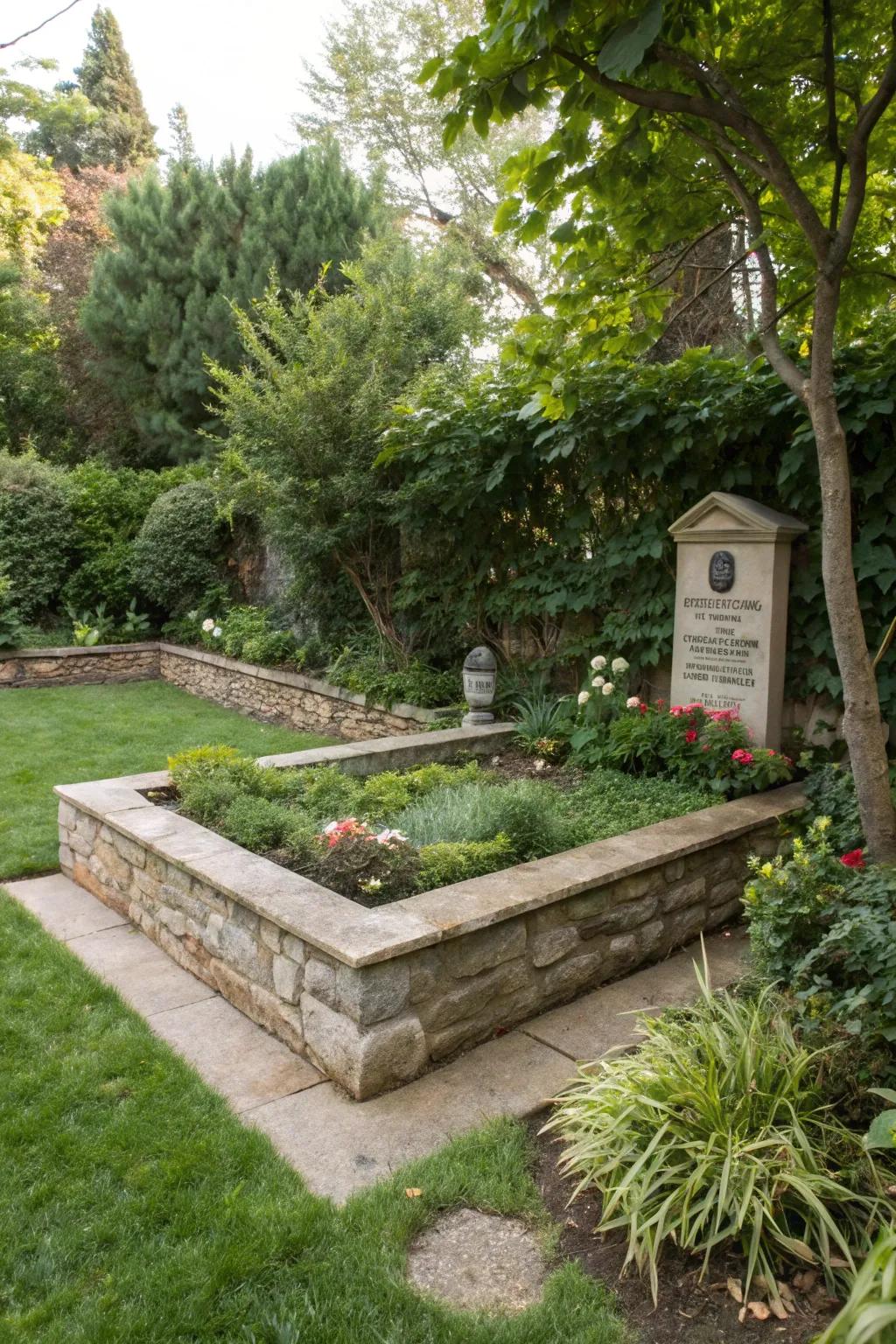 Stone boundaries elegantly delineate the memorial area, enhancing structure and charm.