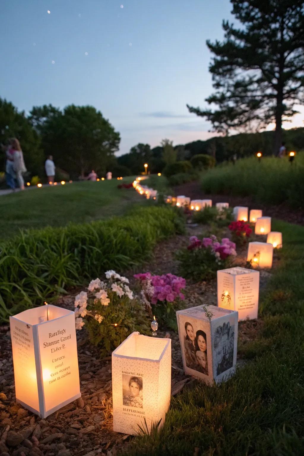 Remembrance lamps cast a warm glow, keeping the spirit of your pet alive in the garden.