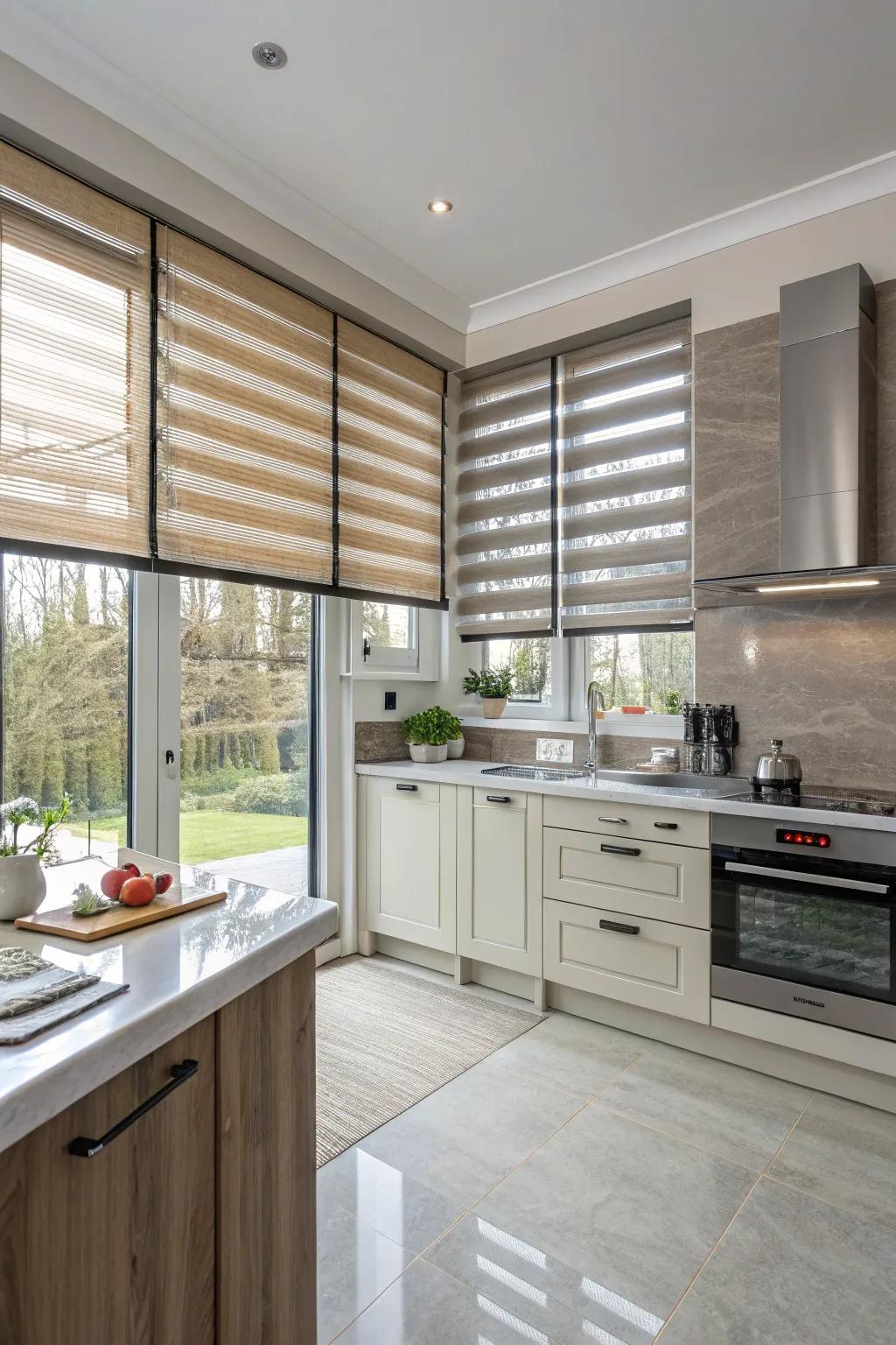 Stylish kitchen with layered blinds