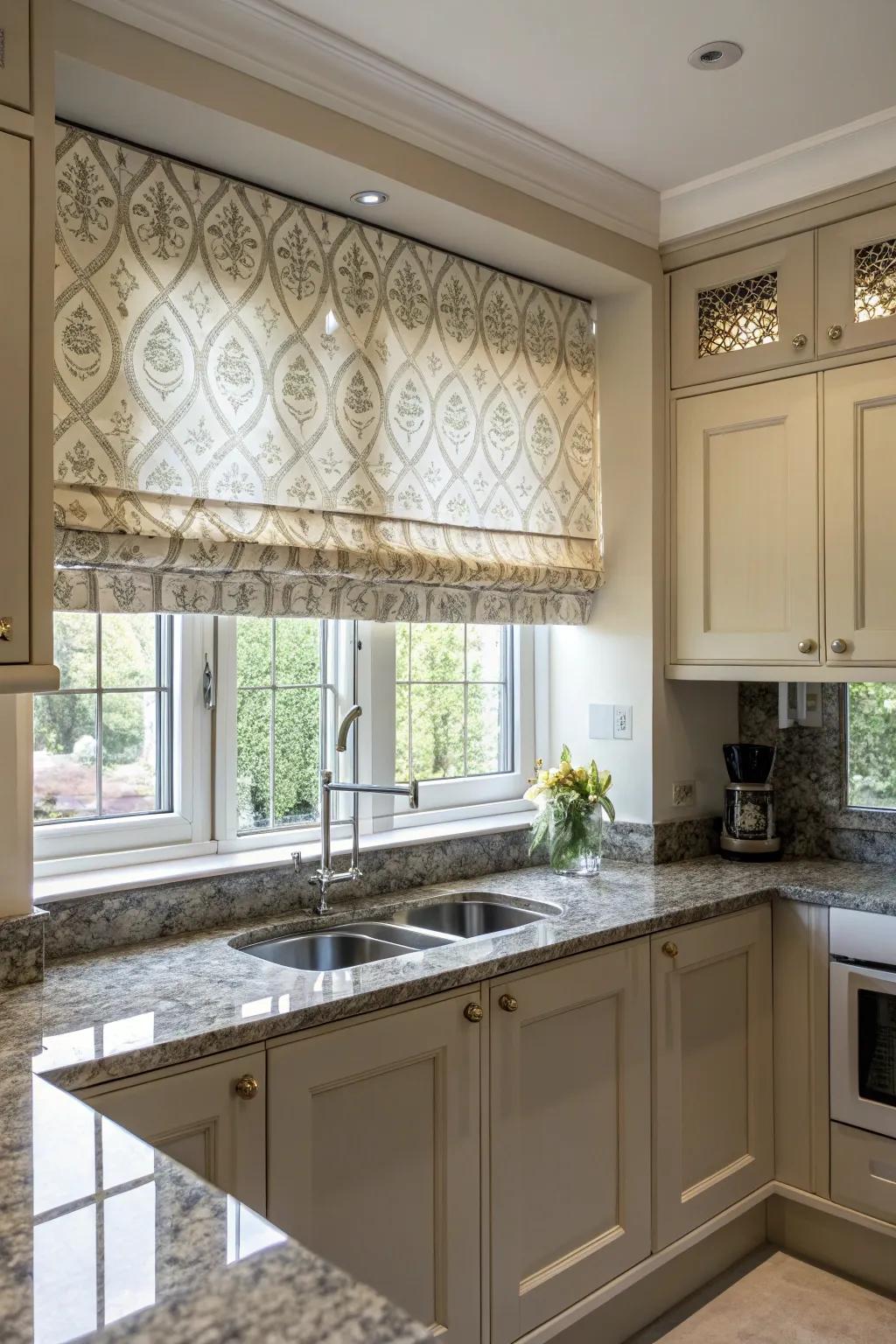 Roman window coverings enhance a modern kitchen