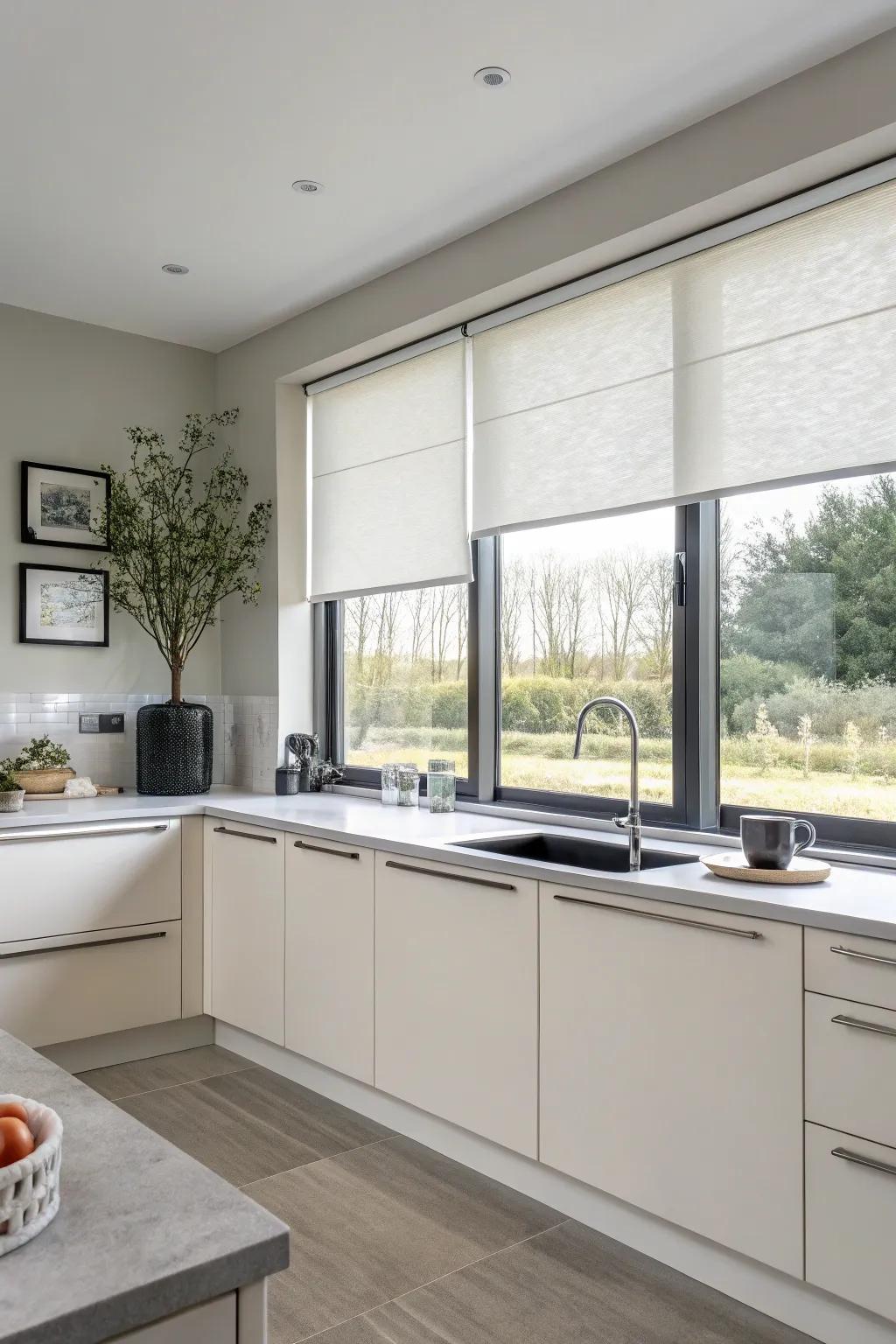 Minimalist kitchen featuring streamlined roller window treatments