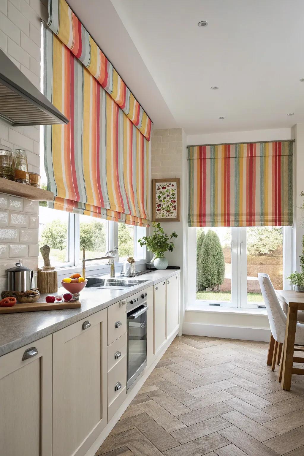 Dynamic kitchen with bold striped blinds