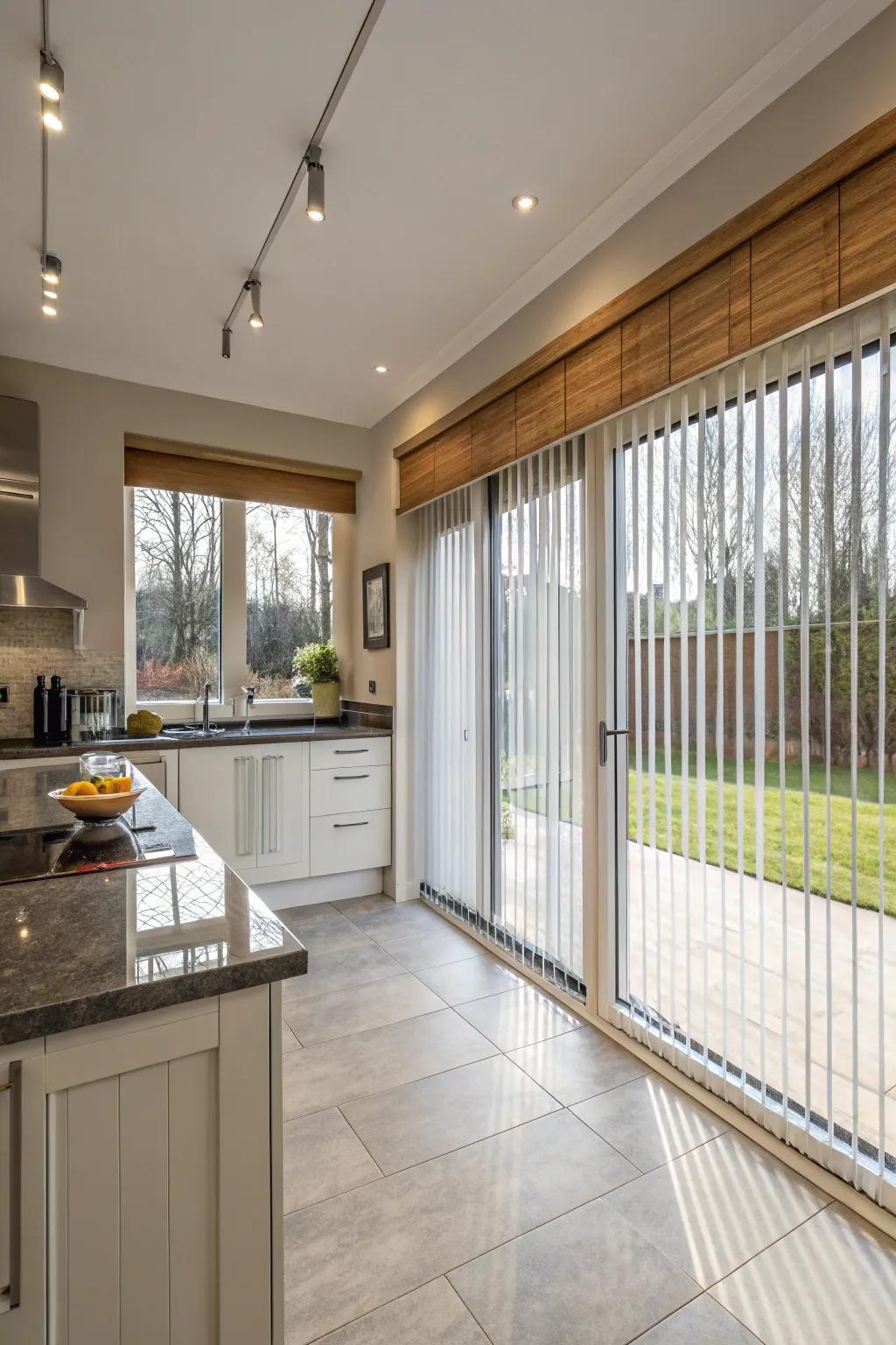 Modern vertical blinds in a spacious kitchen