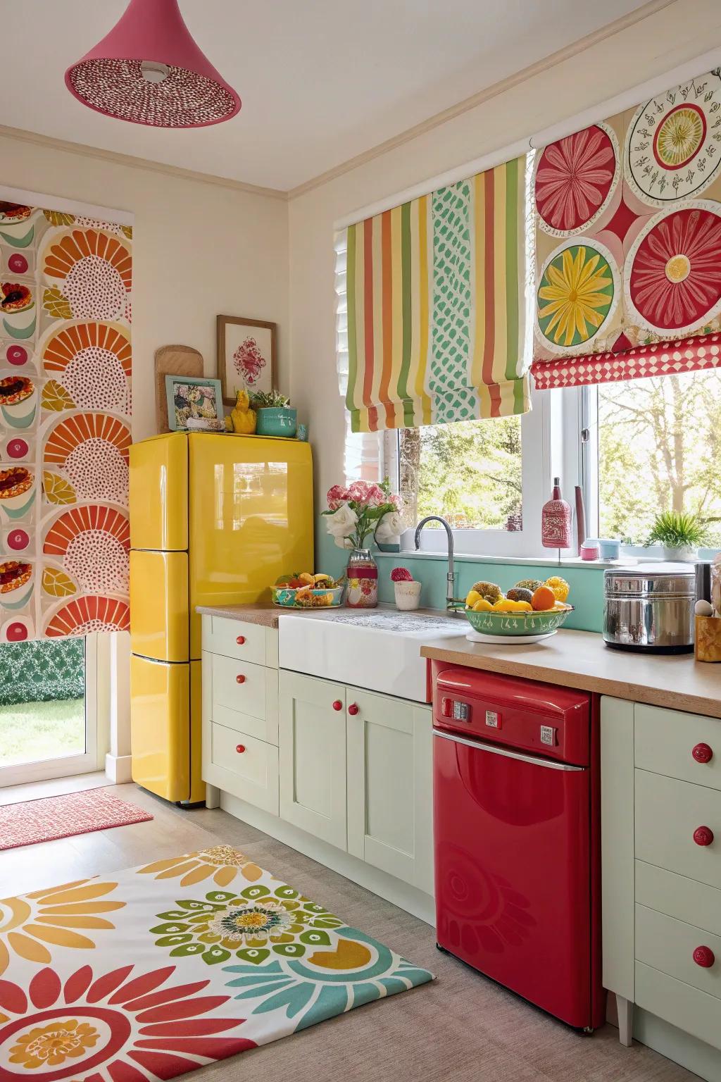 Vibrant kitchen with bold patterned blinds