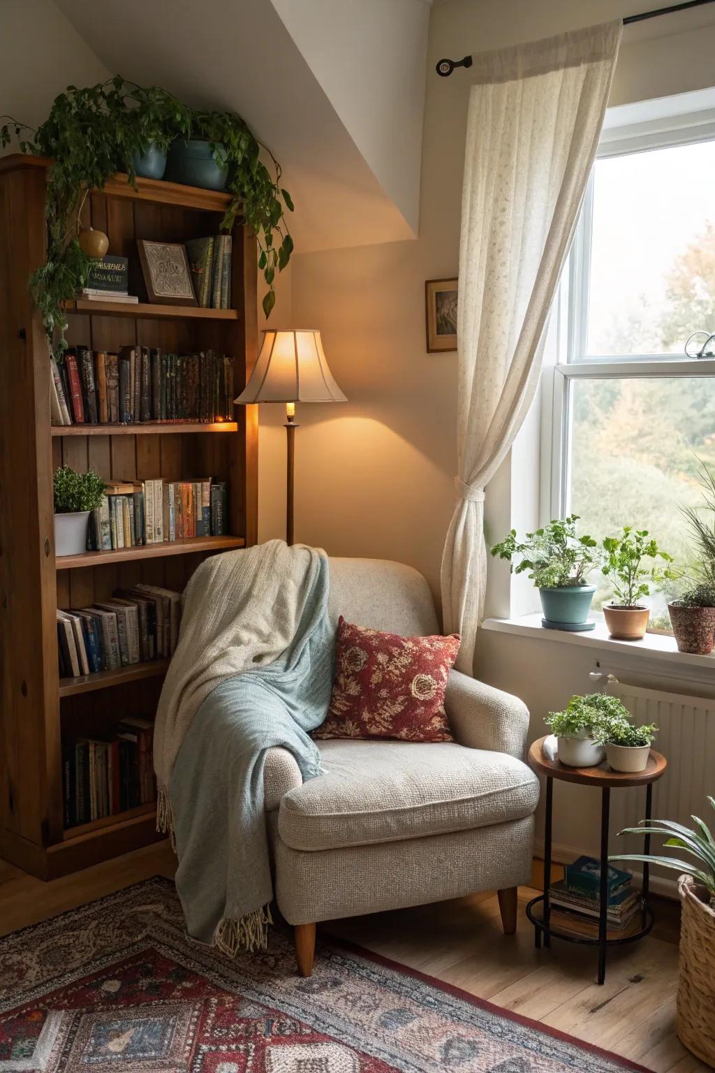 A reading nook provides a cozy escape in the bedroom.