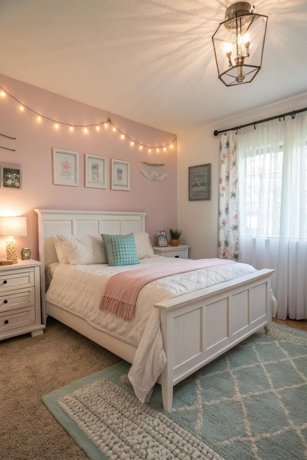 A bedroom adorned with pastel colours, fostering a tranquil ambiance.
