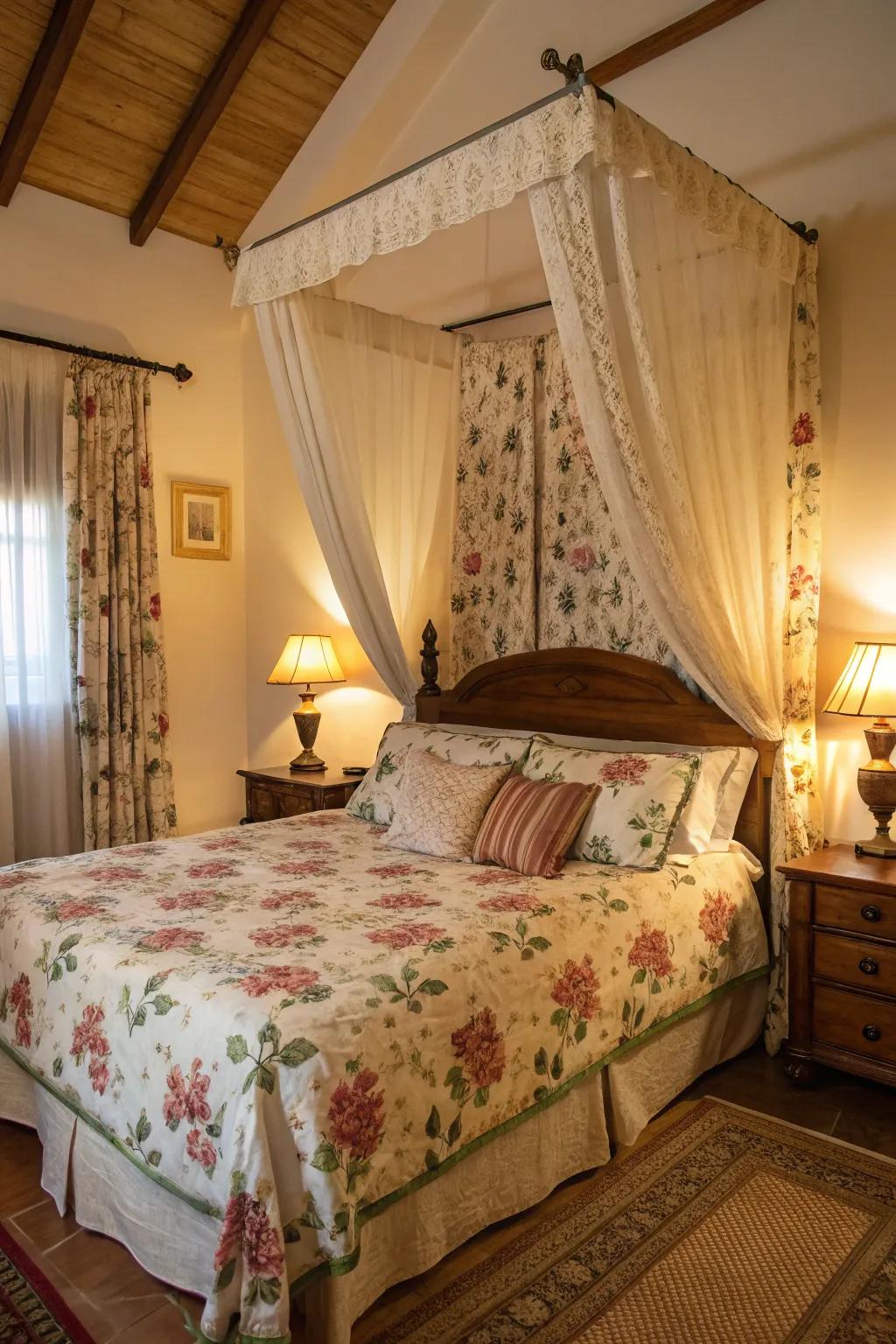 Flower prints bring a touch of the garden into the bedroom.