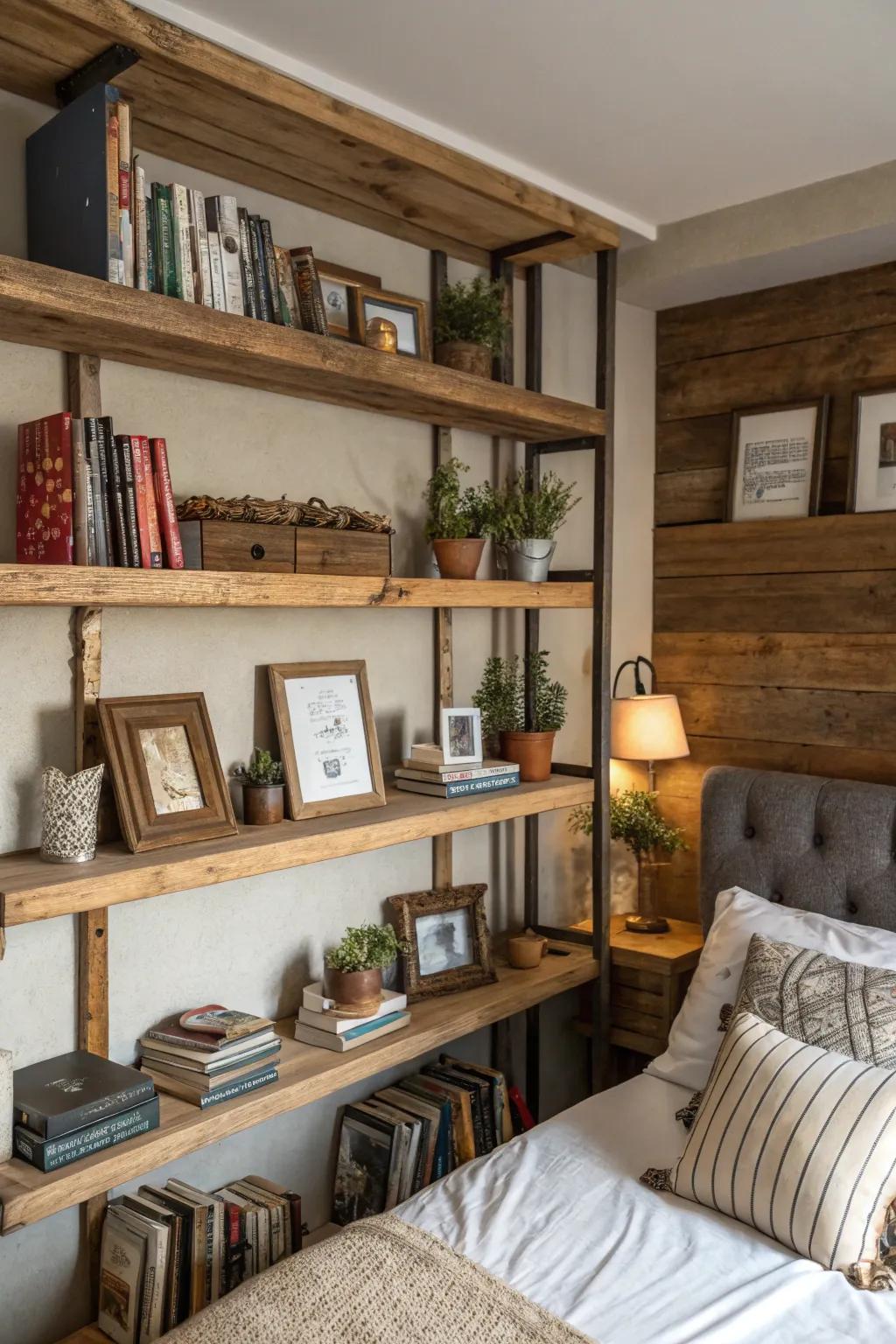 Country shelving offers both storage and style.