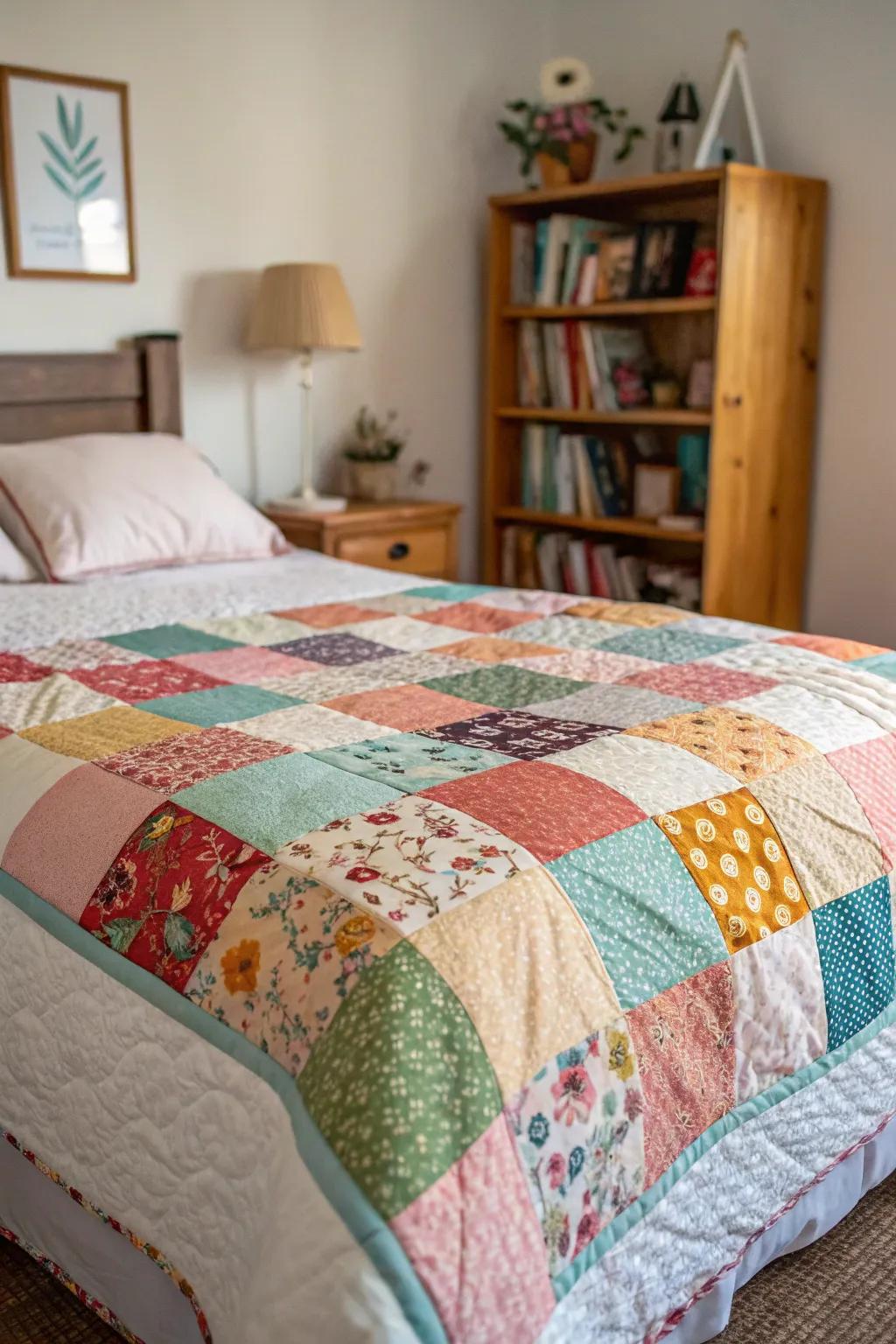 Multi-patterned quilts add a handmade touch to the decor.