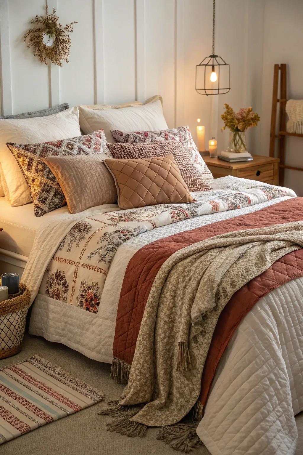 A bed beautifully arranged with bed covers and cushions, creating a cozy look.