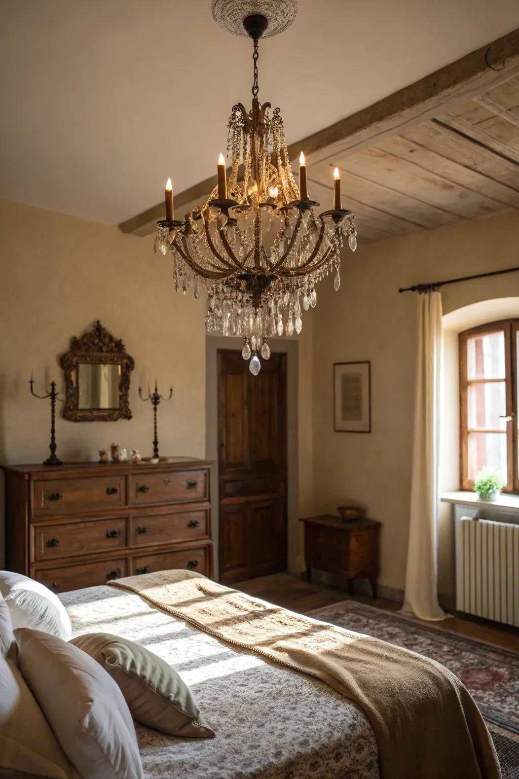 Vintage lighting fixtures elevate the room's charm.