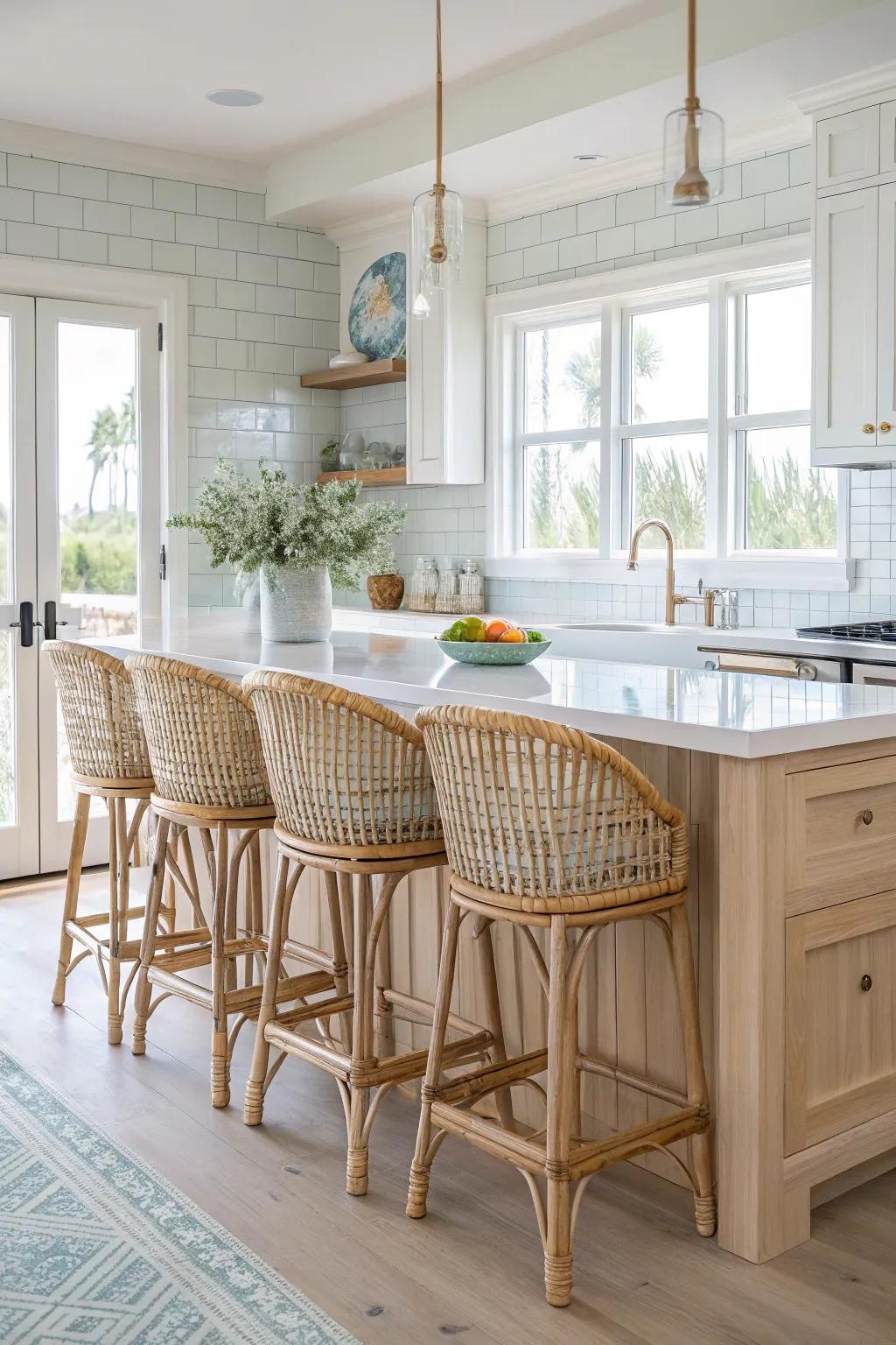 Rattan bar stools creating a shoreline vibe.