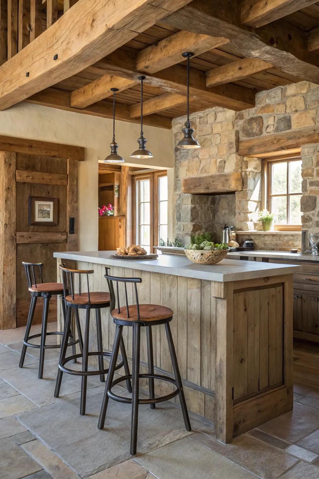 Farmhouse-style bar stools styled for rustic charm.