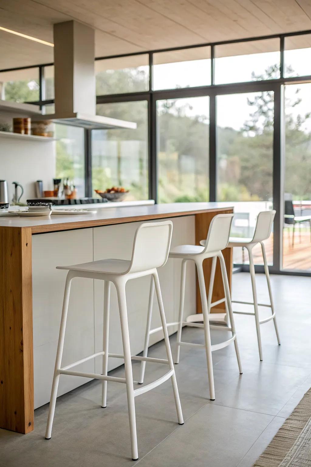 Minimalist bar stools in a serene kitchen setup.