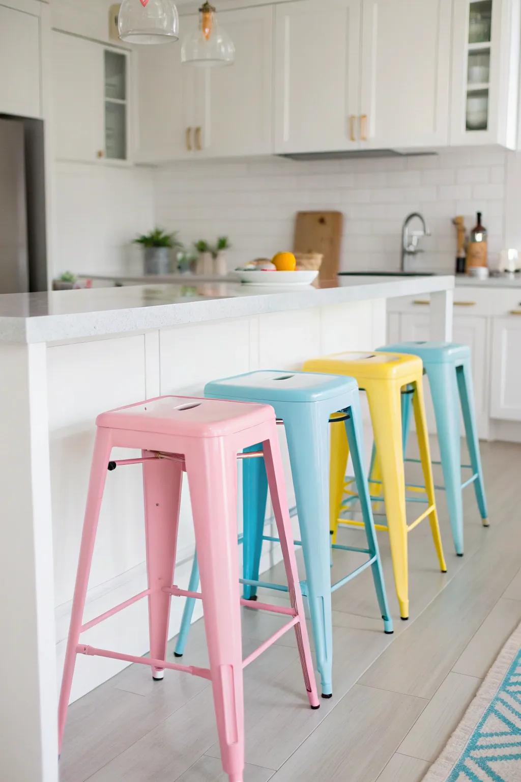 Colorful bar stools injecting vibrancy into the room's atmosphere.