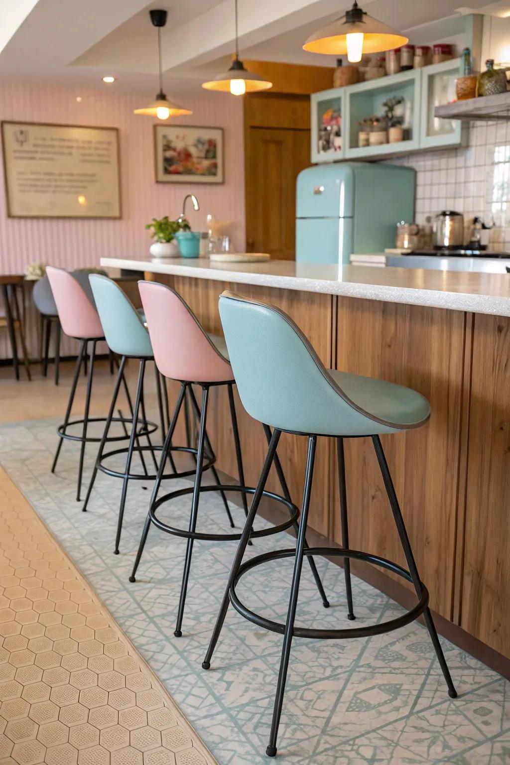 Mid-century modern stools styled in a chic kitchen.