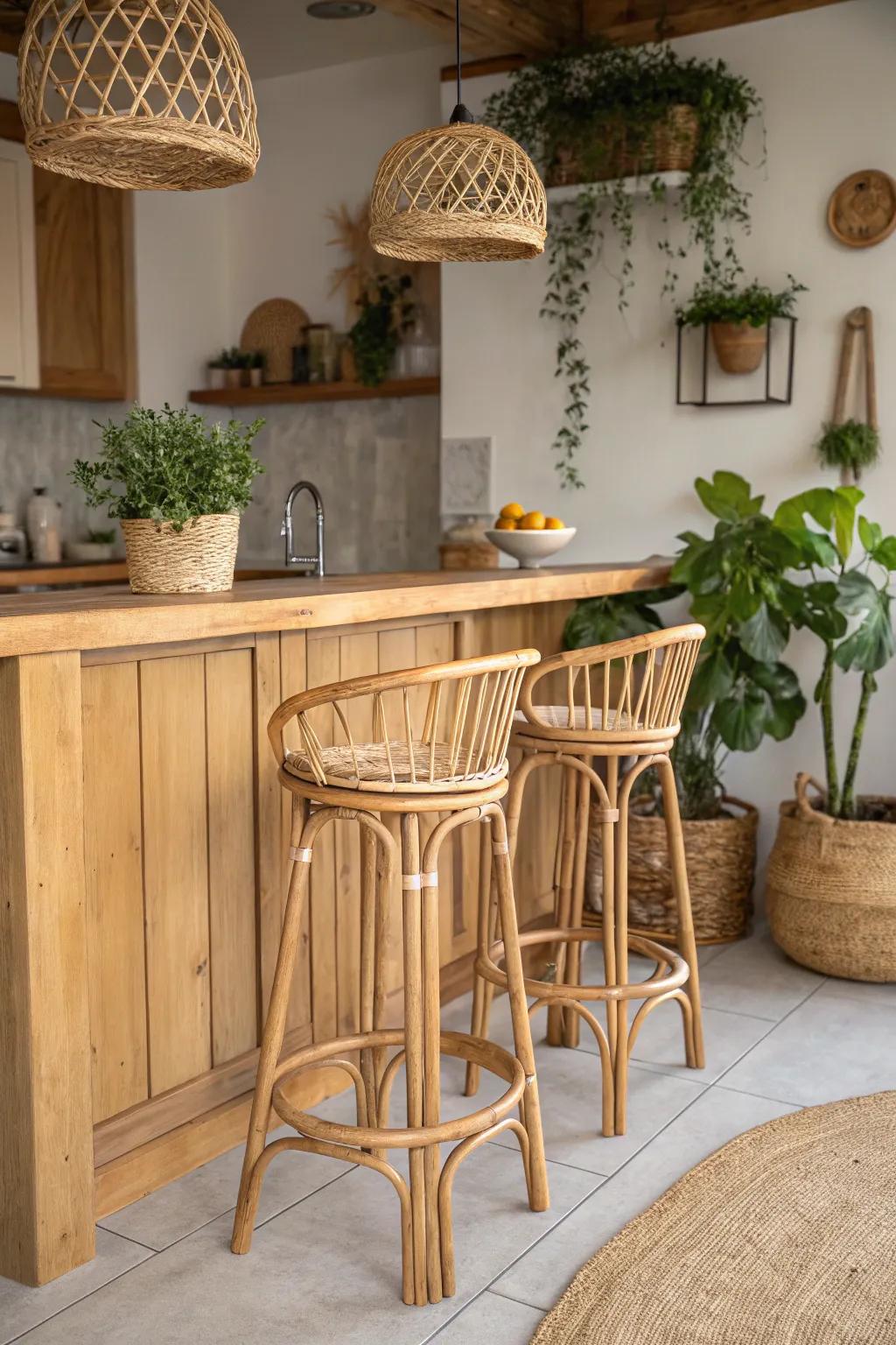 Bamboo bar stools styled for eco-friendly appeal.