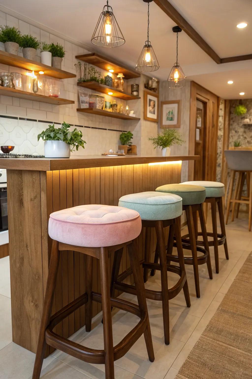Padded bar stools styled for enhanced comfort.